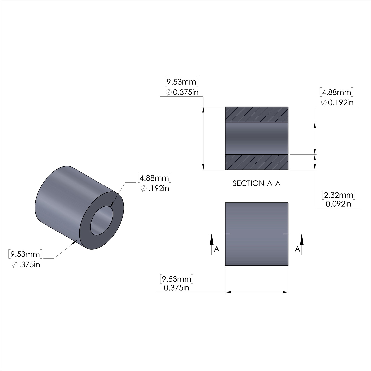 Aluminum Spacer 3/8'' OD x .192'' ID x 3/8'' Long, Plain Aluminum Finish