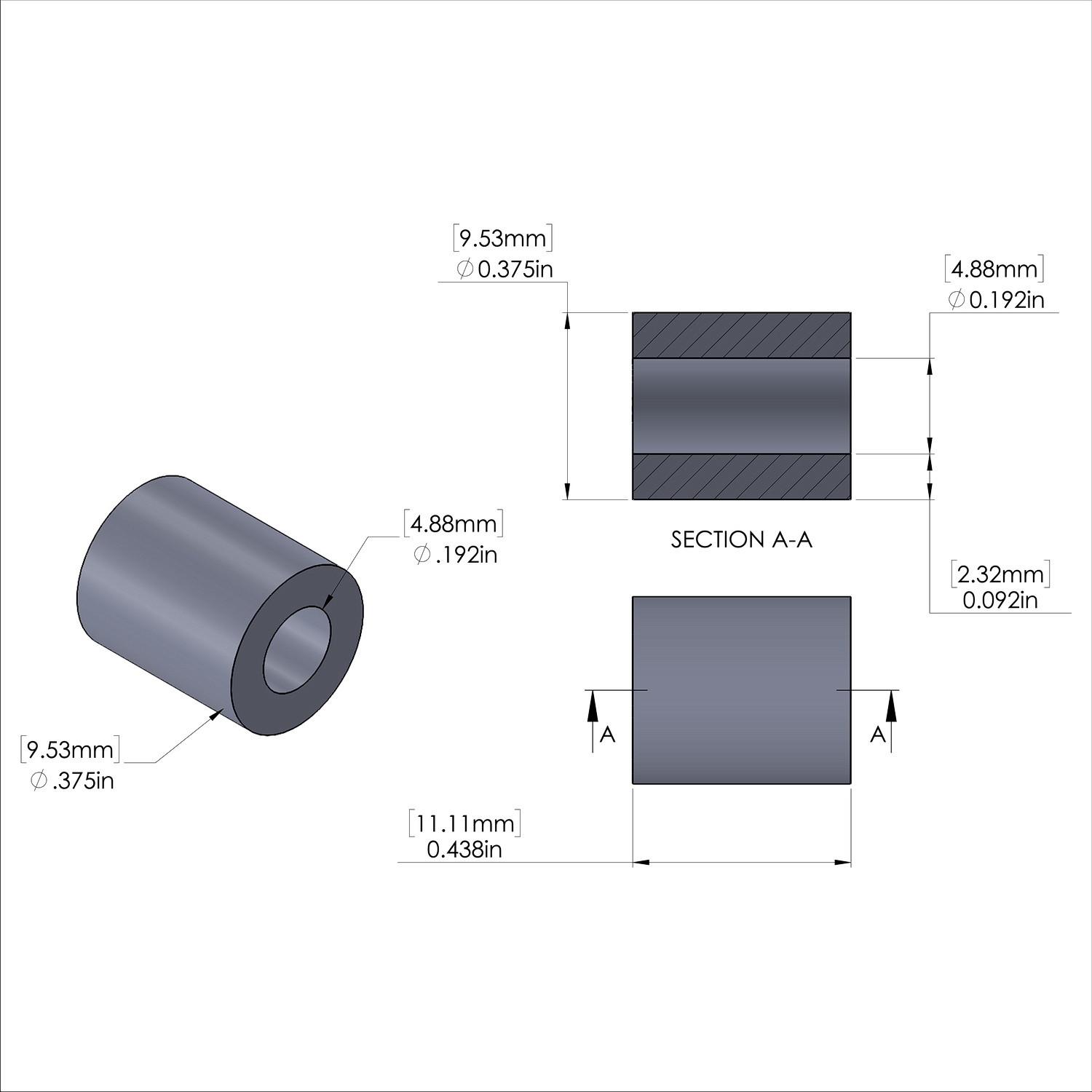Aluminum Spacer 3/8'' OD x .192'' ID x 7/16'' Long, Plain Aluminum Finish