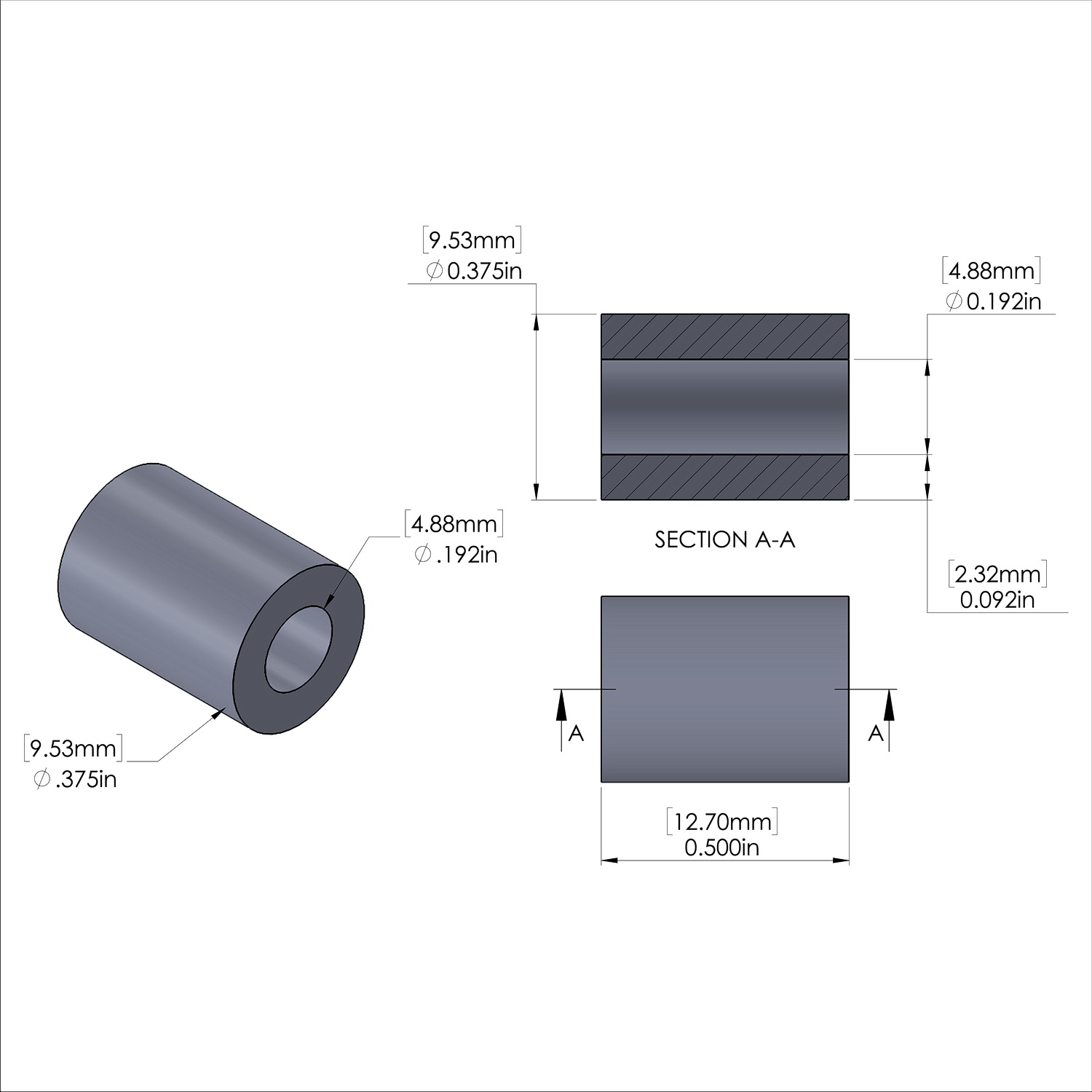 Aluminum Spacer 3/8'' OD x .192'' ID x 1/2'' Long, Black Anodized Finish
