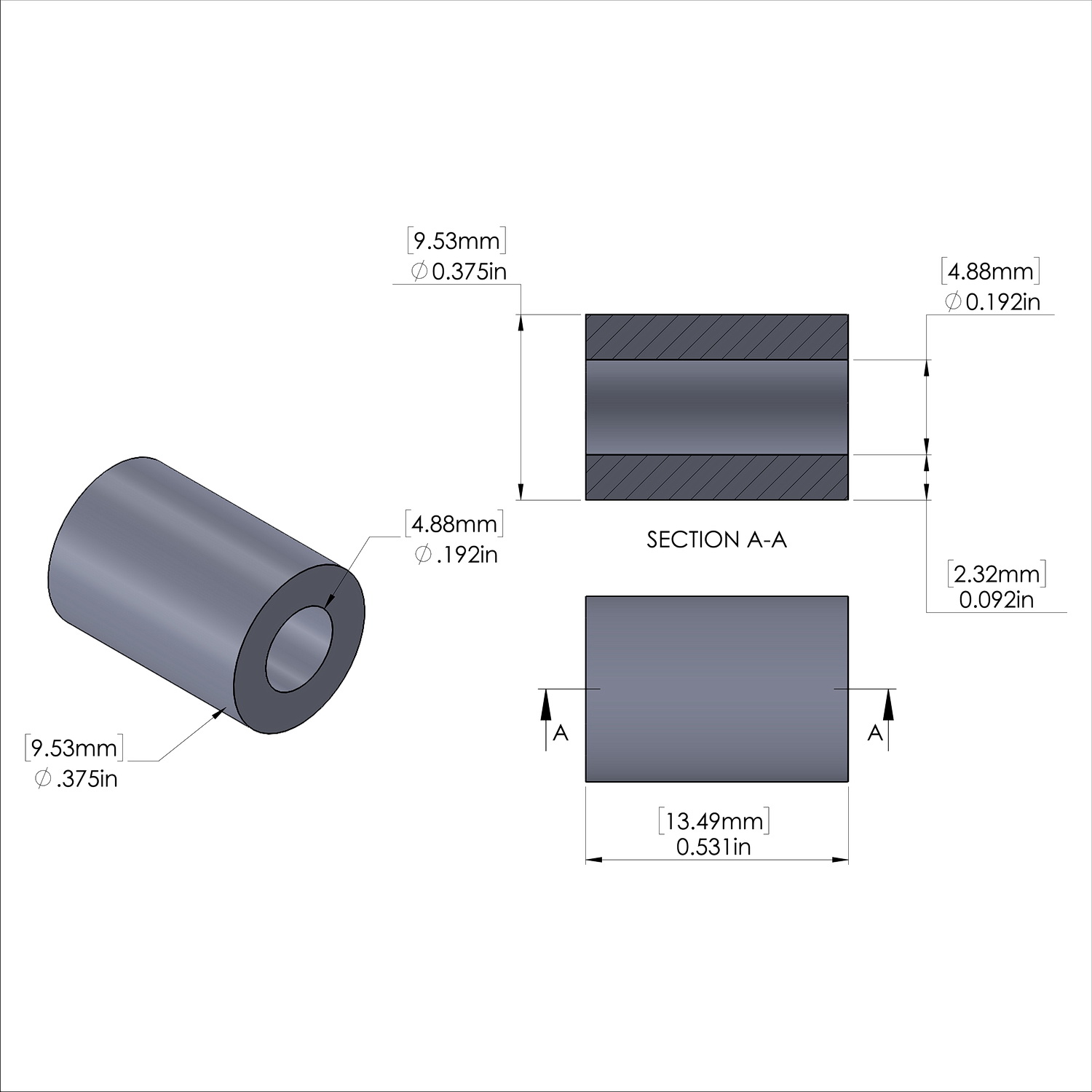Aluminum Spacer 3/8'' OD x .192'' ID x 17/32'' Long, Plain Aluminum Finish