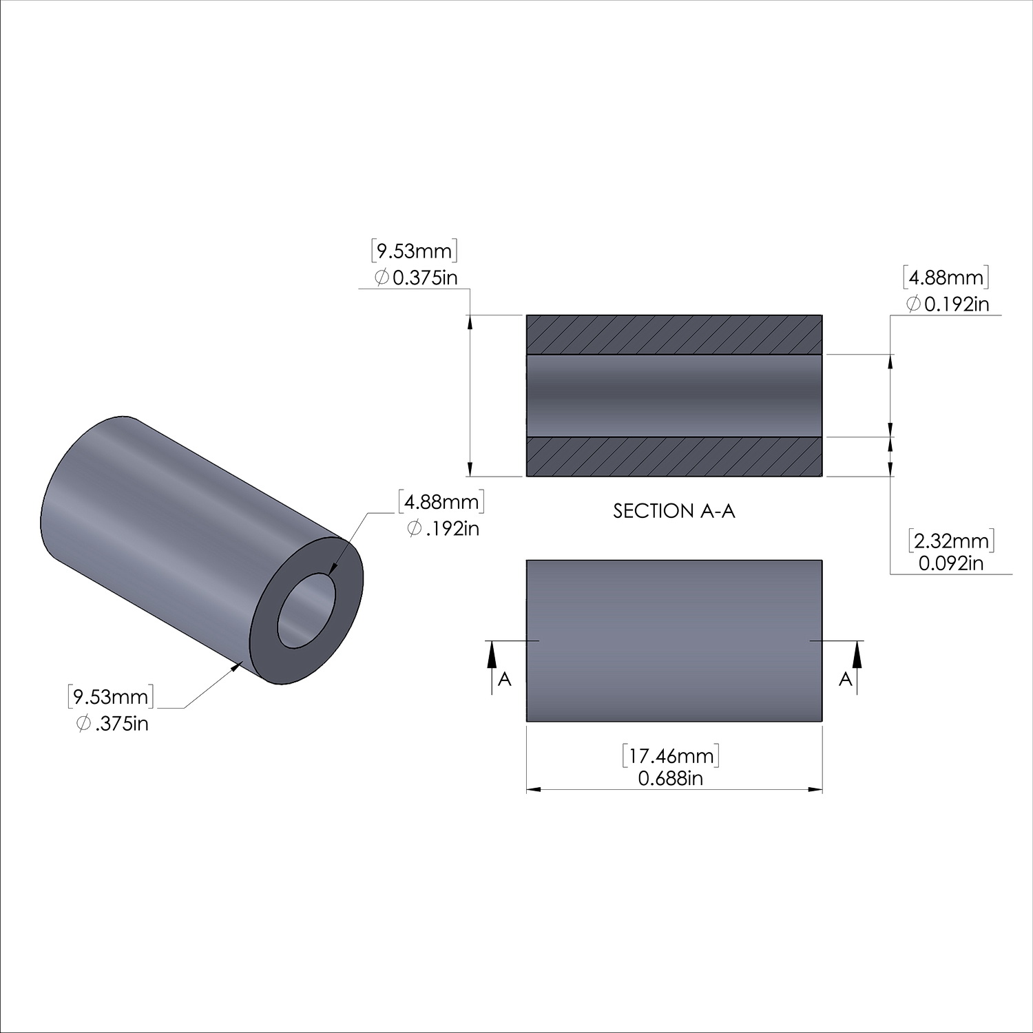 Aluminum Spacer 3/8'' OD x .192'' ID x 11/16'' Long