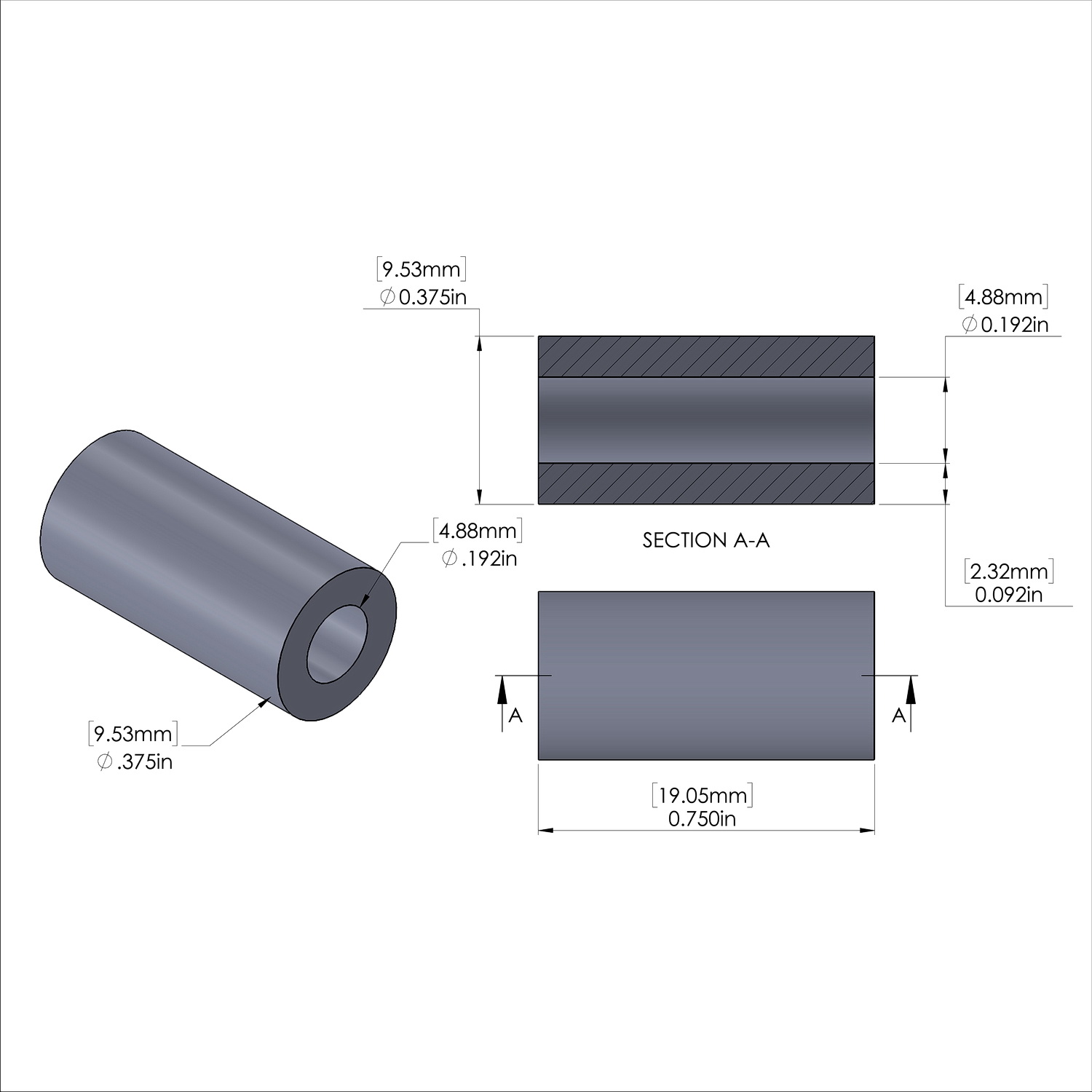 Aluminum Spacer 3/8'' OD x .192'' ID x 3/4'' Long, Plain Aluminum Finish