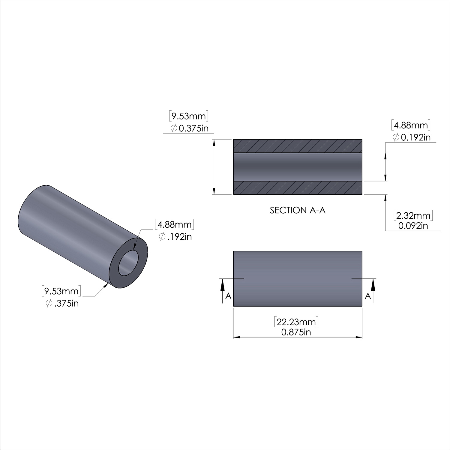Aluminum Spacer 3/8'' OD x .192'' ID x 7/8'' Long, Black Anodized Finish
