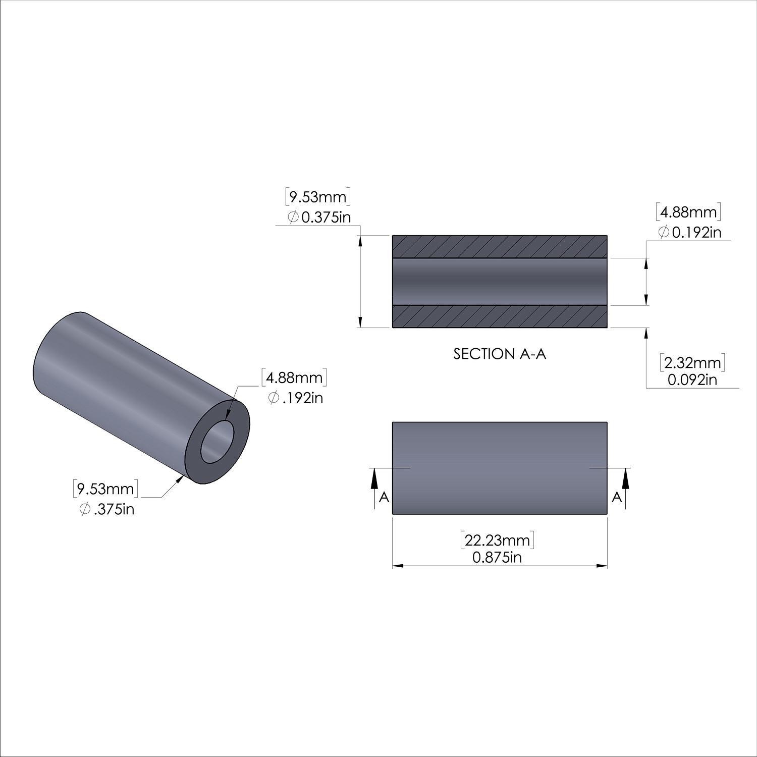 Aluminum Spacer 3/8'' OD x .192'' ID x 7/8'' Long, Plain Aluminum Finish