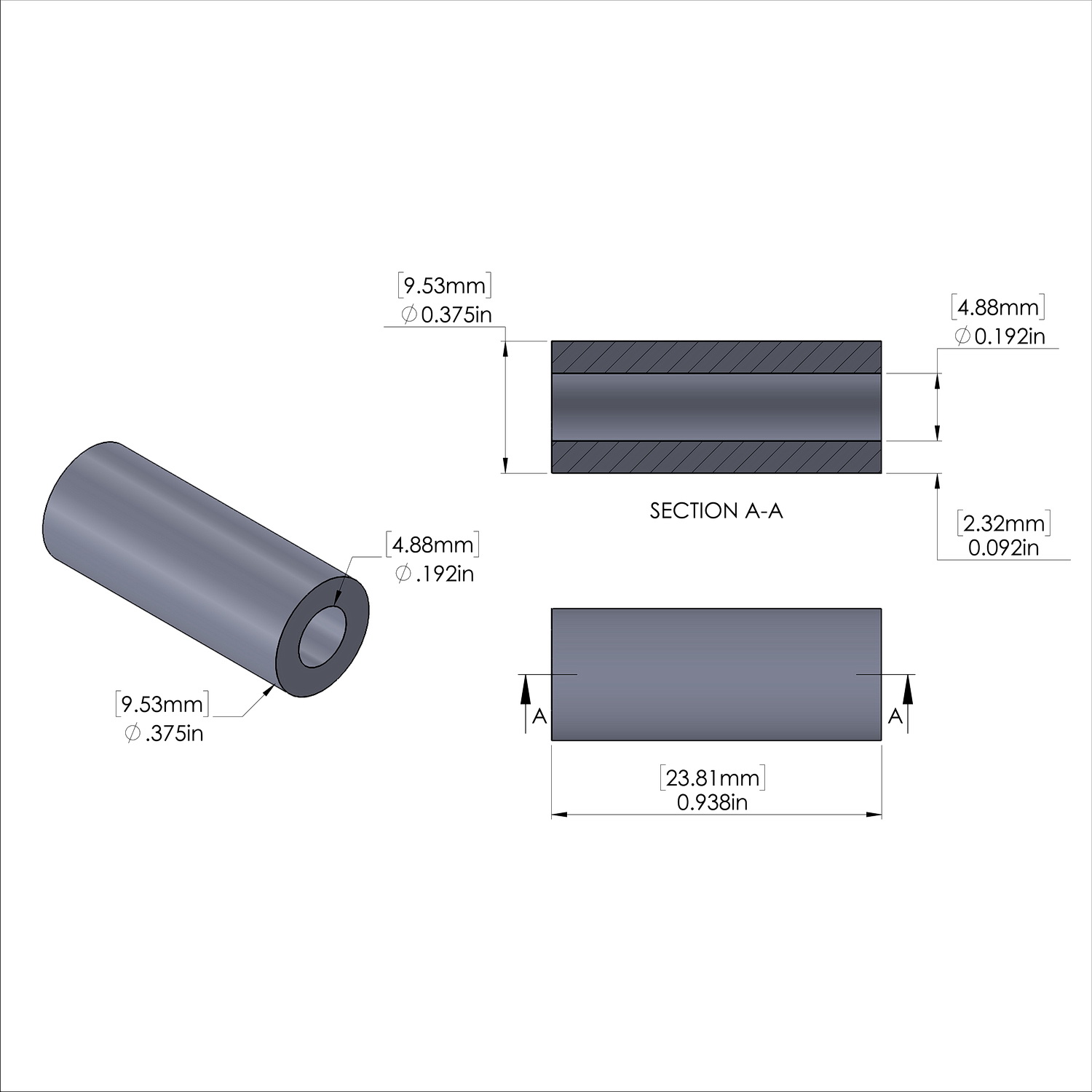 Aluminum Spacer 3/8'' OD x .192'' ID x 15/16'' Long