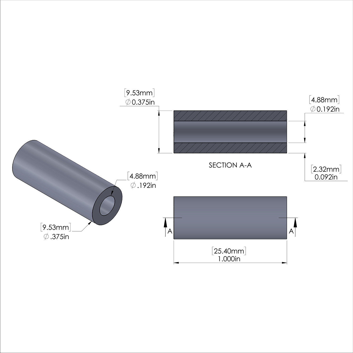 Aluminum Spacer 3/8'' OD x .192'' ID x 1.000'' Long, Black Anodized Finish