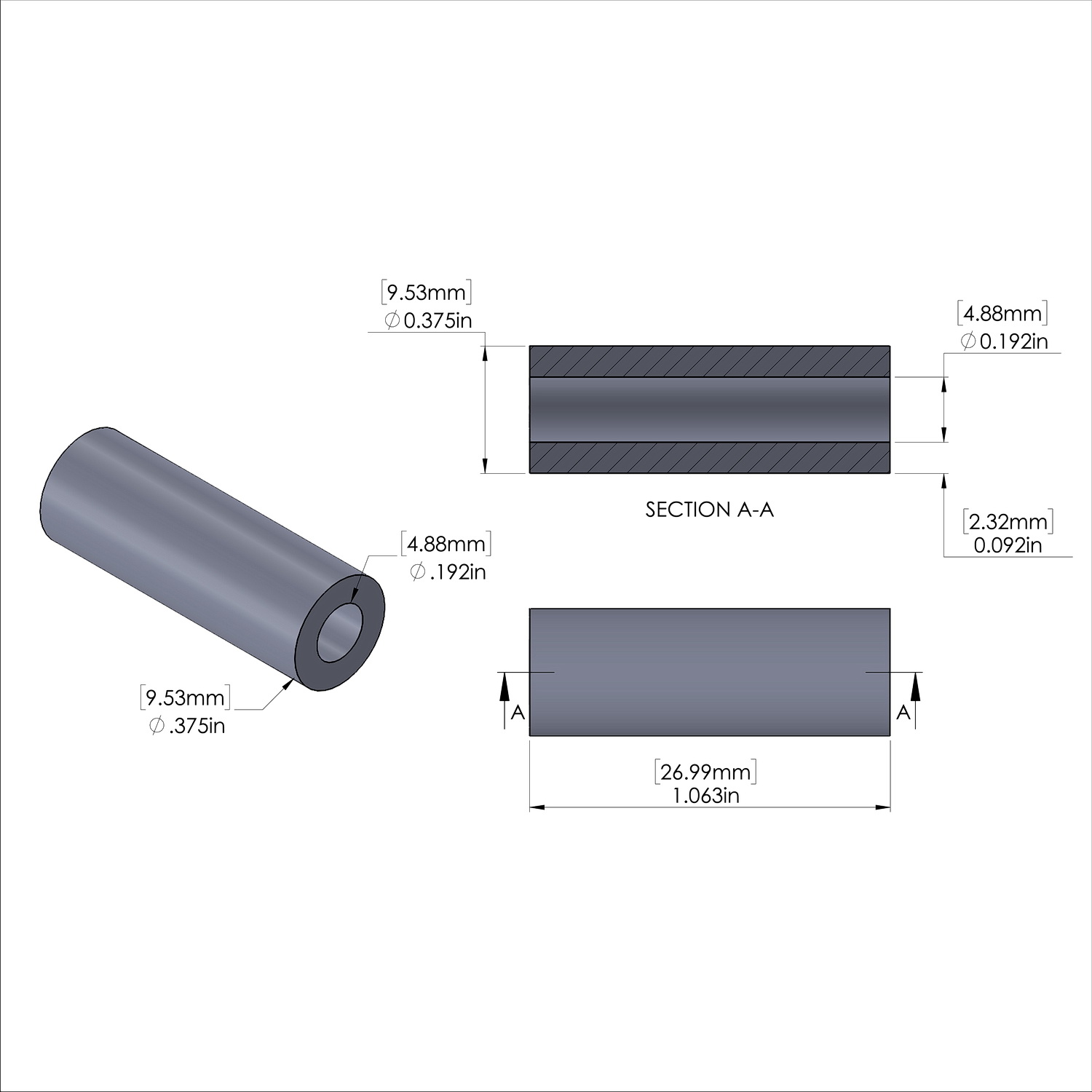 Aluminum Spacer 3/8'' OD x .192'' ID x 1-1/16'' Long, Plain Aluminum Finish