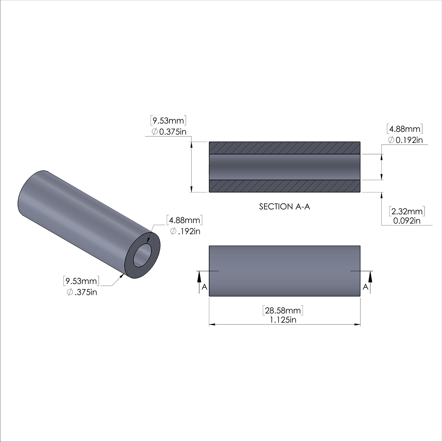 Aluminum Spacer 3/8'' OD x .192'' ID x 1-1/8'' Long, Black Anodized Finish