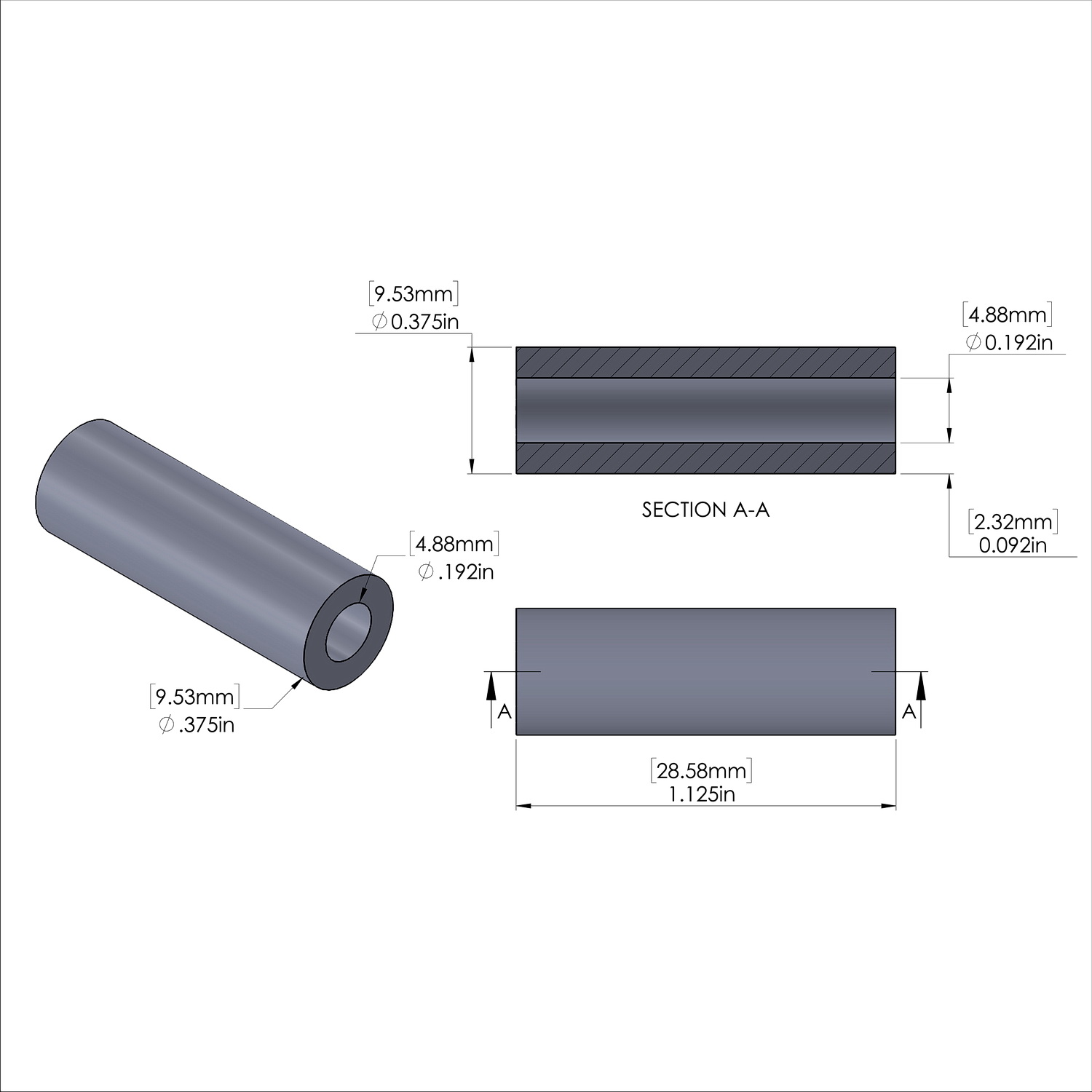 Aluminum Spacer 3/8'' OD x .192'' ID x 1-1/8'' Long, Plain Aluminum Finish