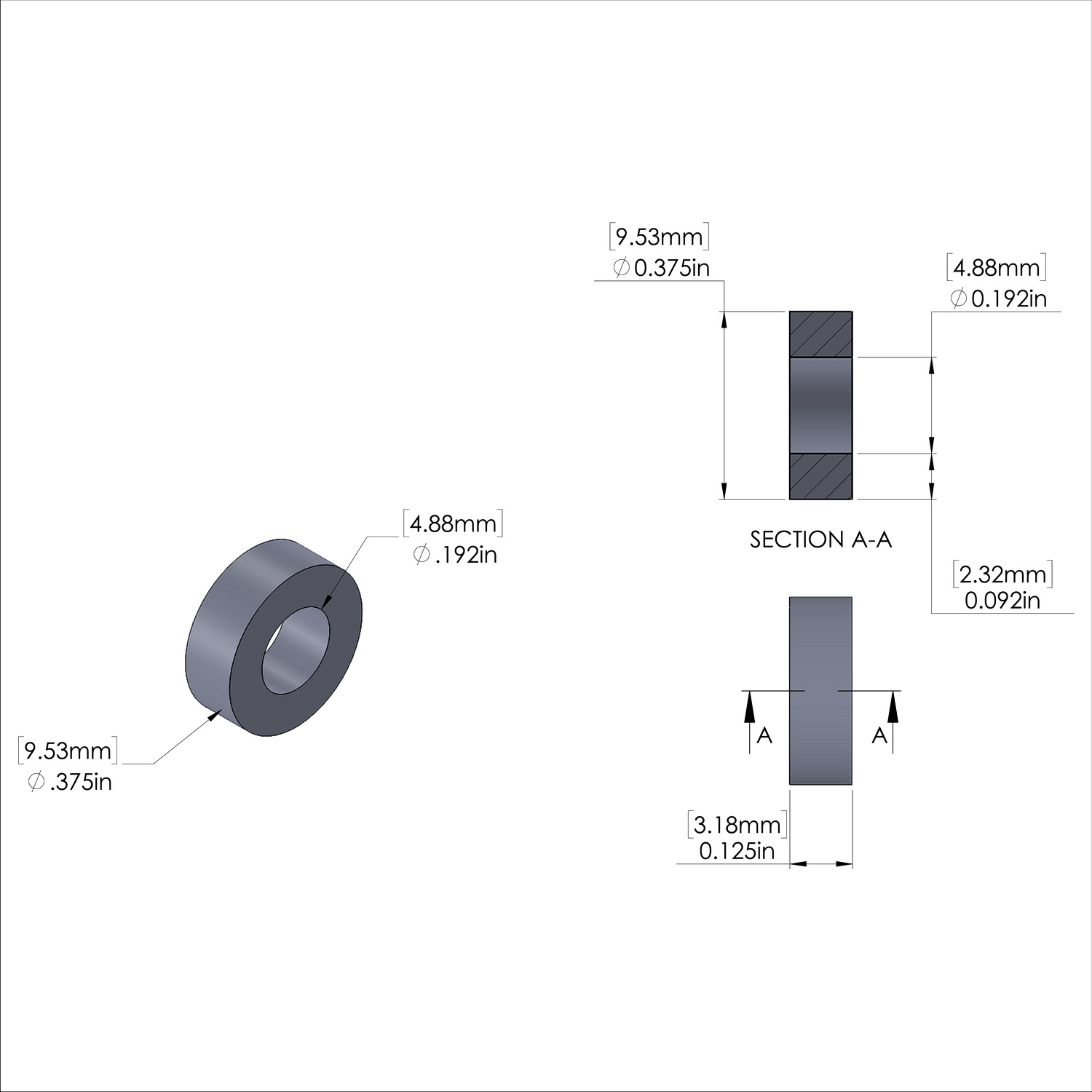 Aluminum Spacer 3/8'' OD x .192'' ID x 1/8'' Long, Black Anodized Finish