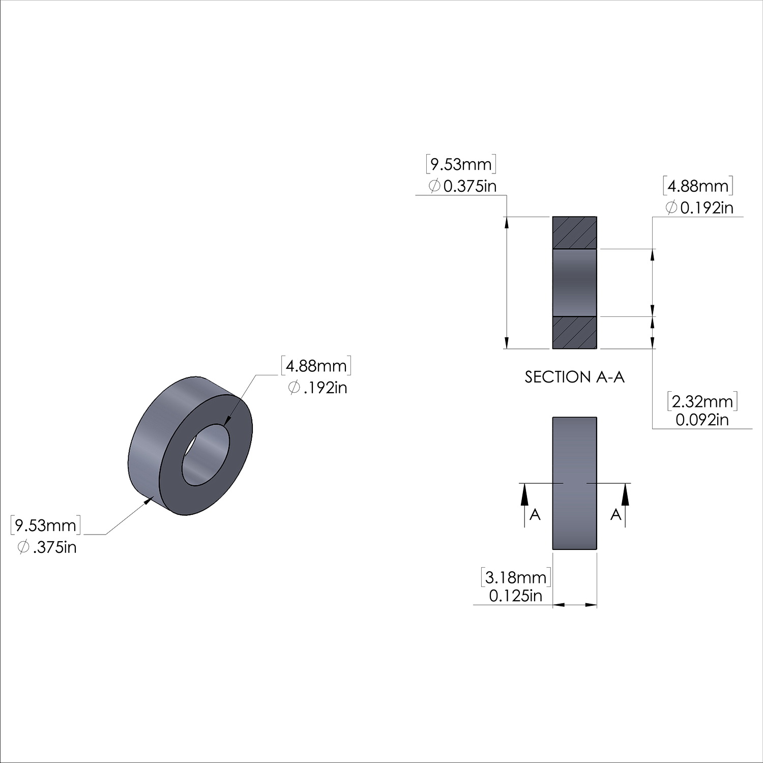 Aluminum Spacer 3/8'' OD x .192'' ID x 1/8'' Long, Plain Aluminum Finish