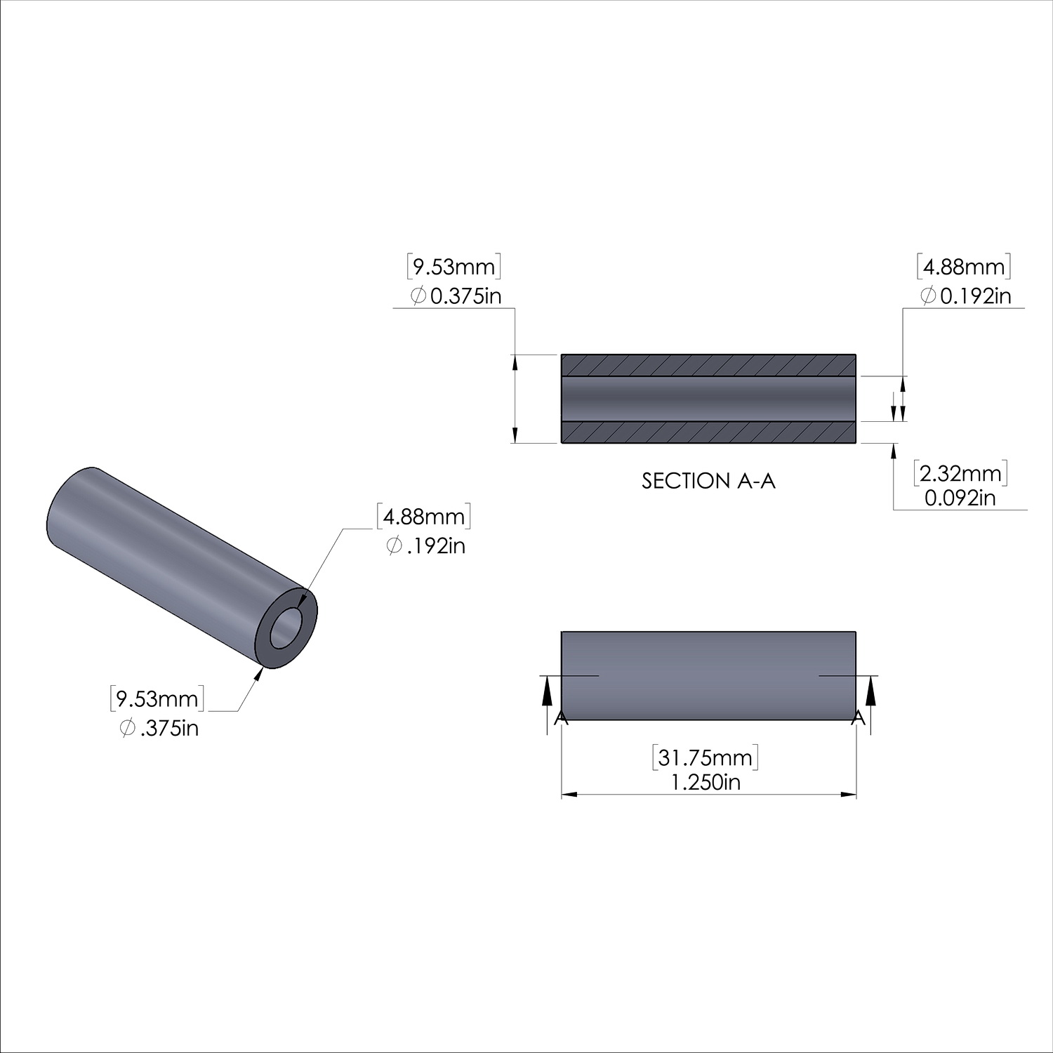 Aluminum Spacer 3/8'' OD x .192'' ID x 1-1/4'' Long, Plain Aluminum Finish