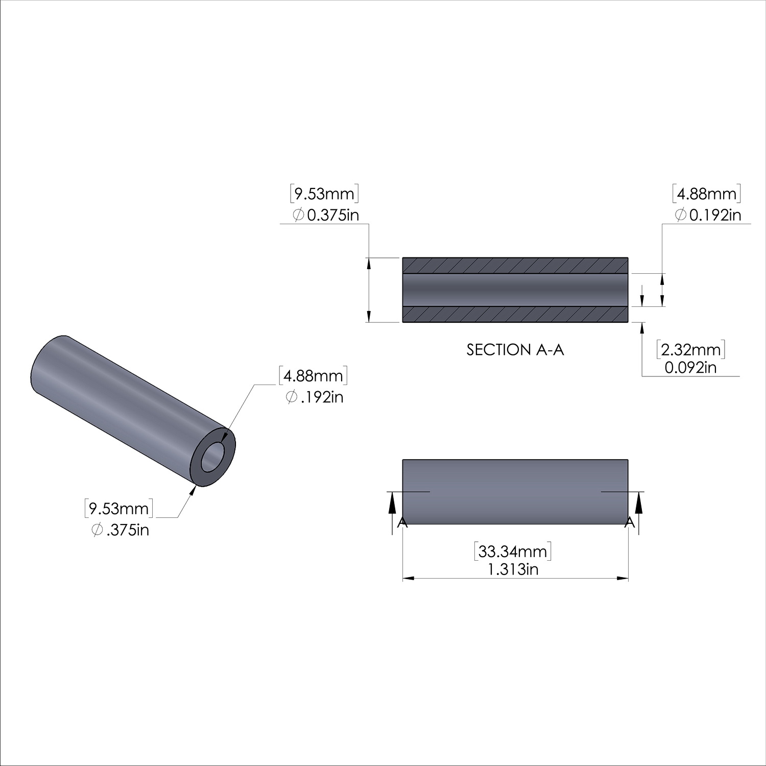 Aluminum Spacer 3/8'' OD x .192'' ID x 1-5/16'' Long, Plain Aluminum Finish