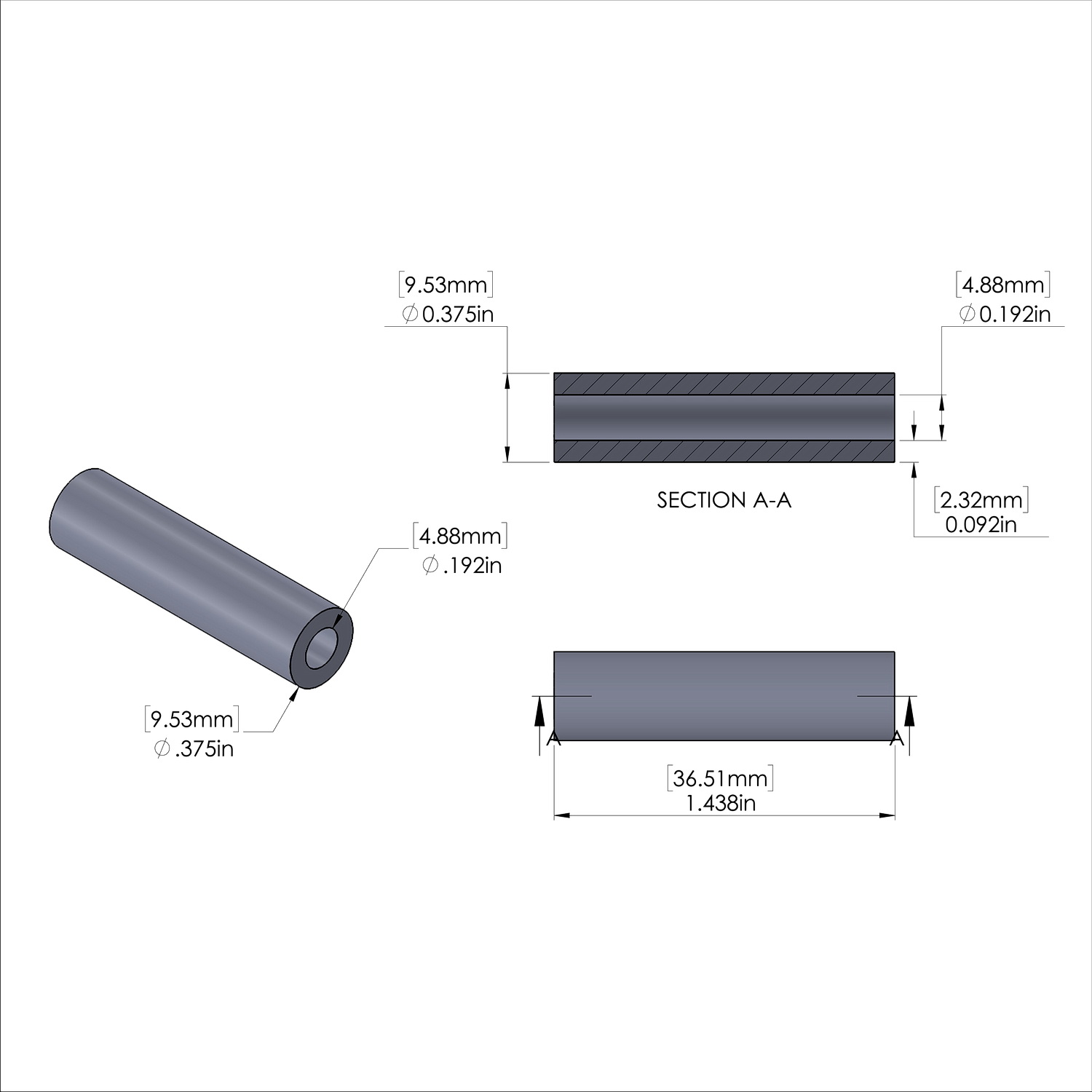 Aluminum Spacer 3/8'' OD x .192'' ID x 1-7/16'' Long, Plain Aluminum Finish