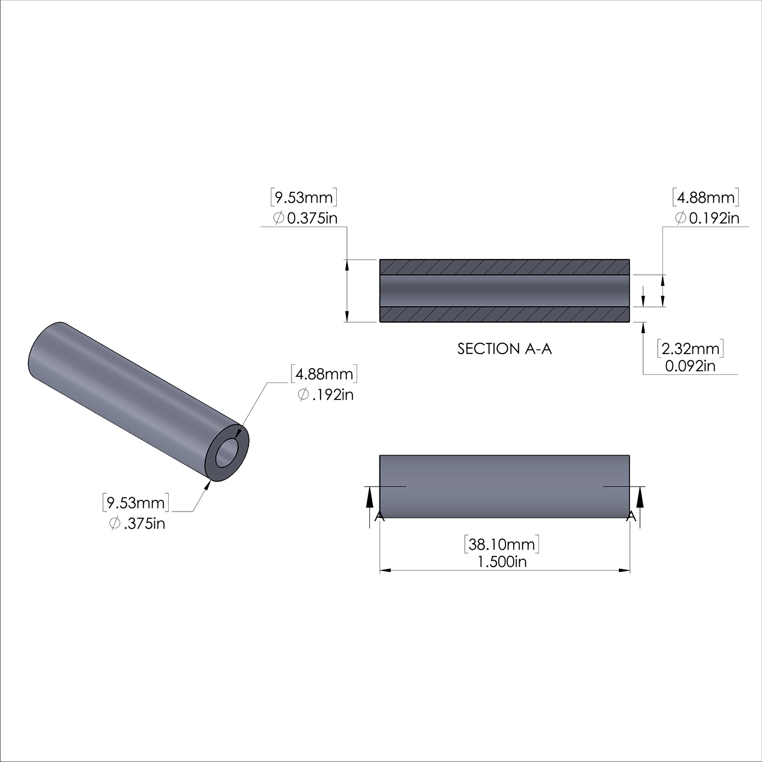 Aluminum Spacer 3/8'' OD x .192'' ID x 1-1/2'' Long, Black Anodized Finish
