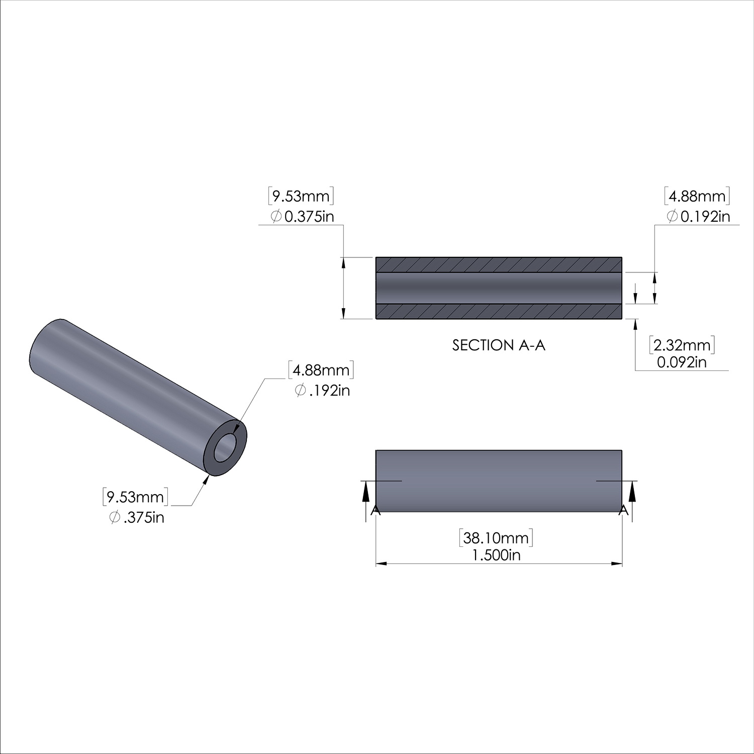Aluminum Spacer 3/8'' OD x .192'' ID x 1-1/2'' Long, Plain Aluminum Finish