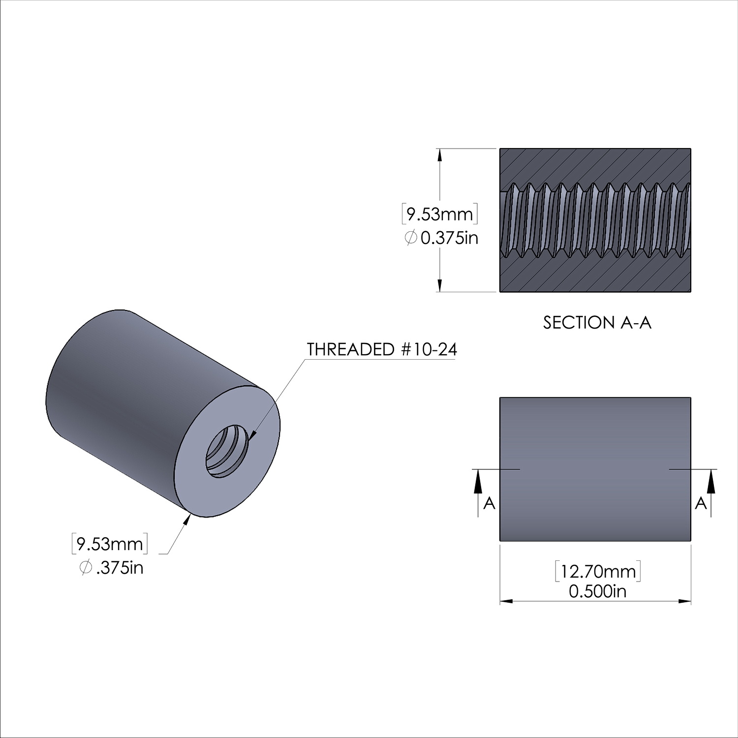 Aluminum Standoff 3/8'' OD x 10-24 Thread x 1/2'' Long, Plain Aluminum Finish