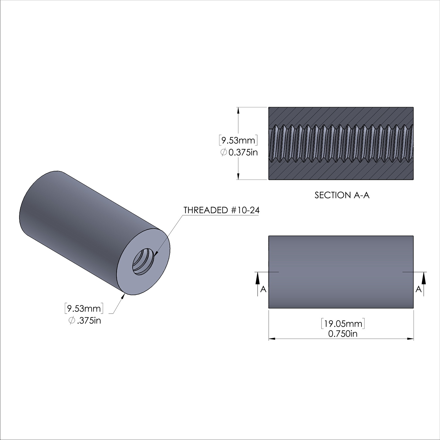 Aluminum Standoff 3/8'' OD x 10-24 Thread x 3/4'' Long