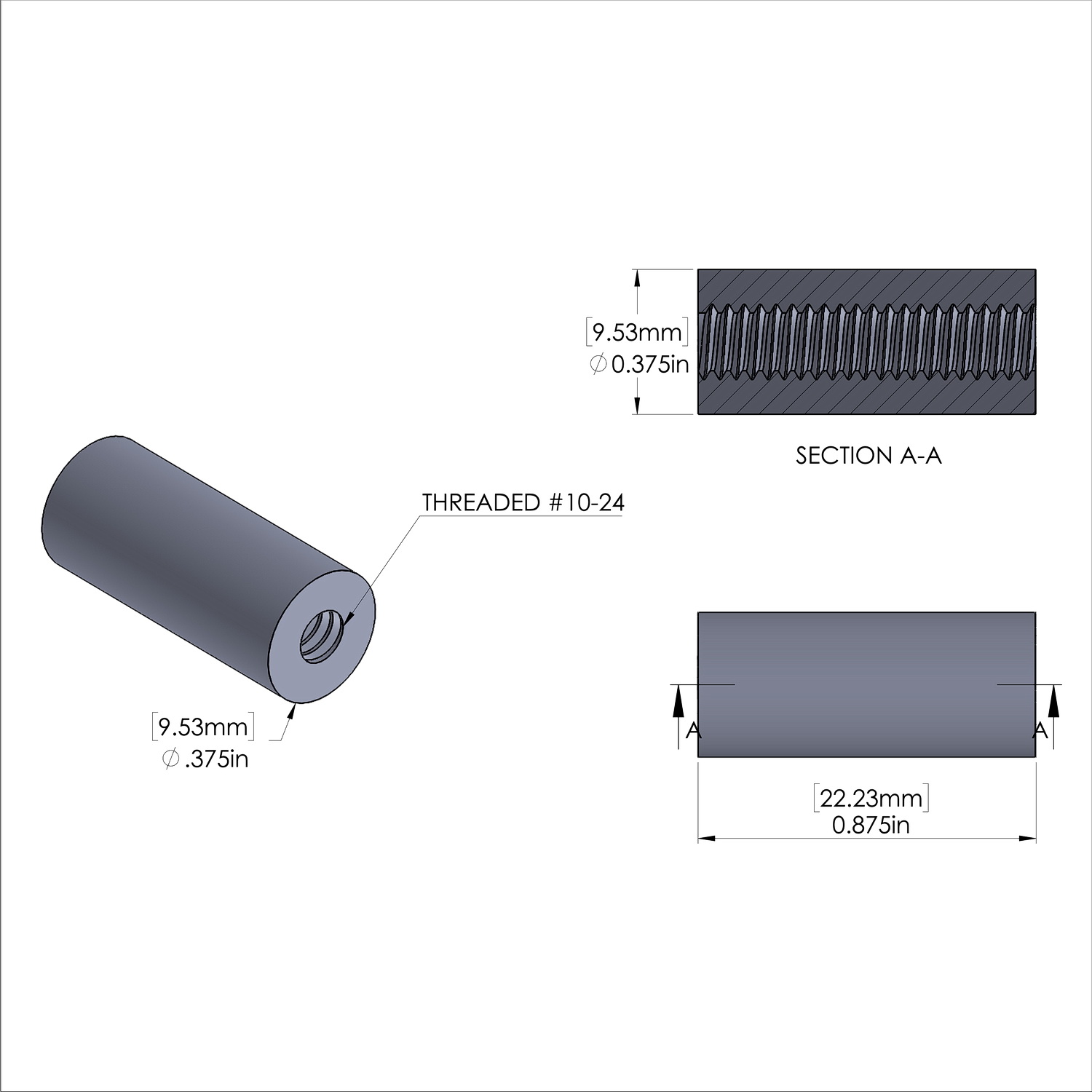 Aluminum Standoff 3/8'' OD x 10-24 Thread x 7/8'' Long