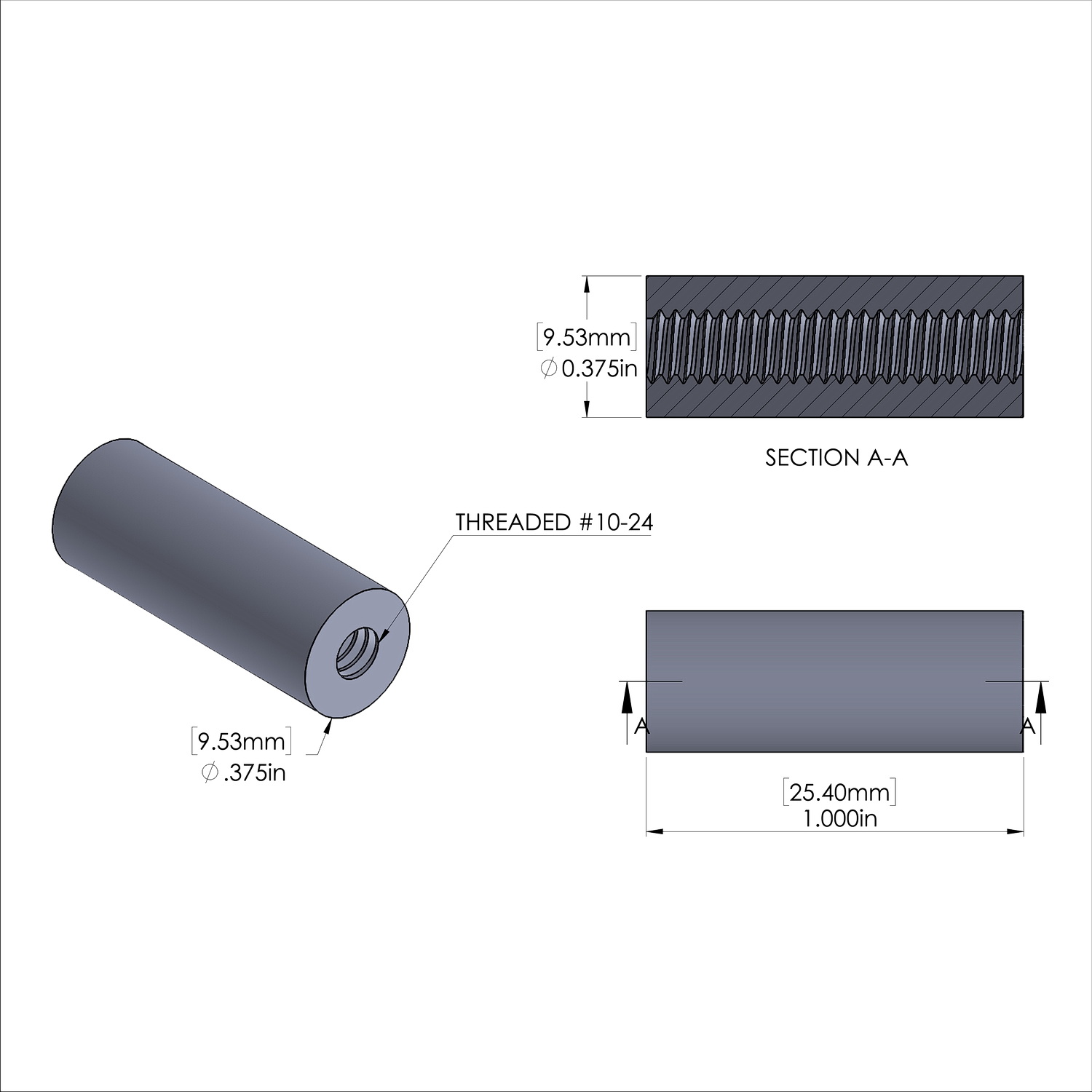 Aluminum Standoff 3/8'' OD x 10-24 Thread x 1'' Long, Plain Aluminum Finish