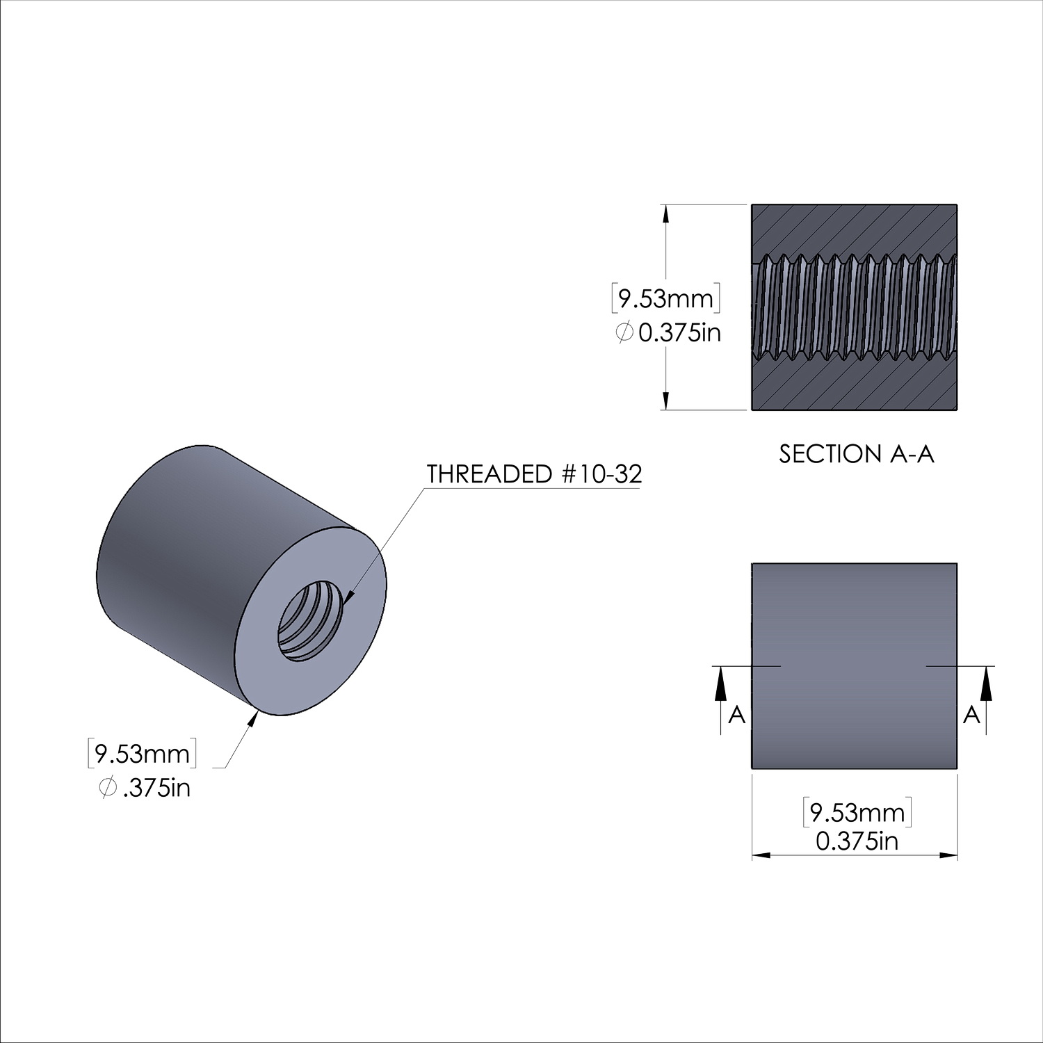 Aluminum Standoff 3/8'' OD x 10-32 Thread x 3/8'' Long, Plain Aluminum Finish