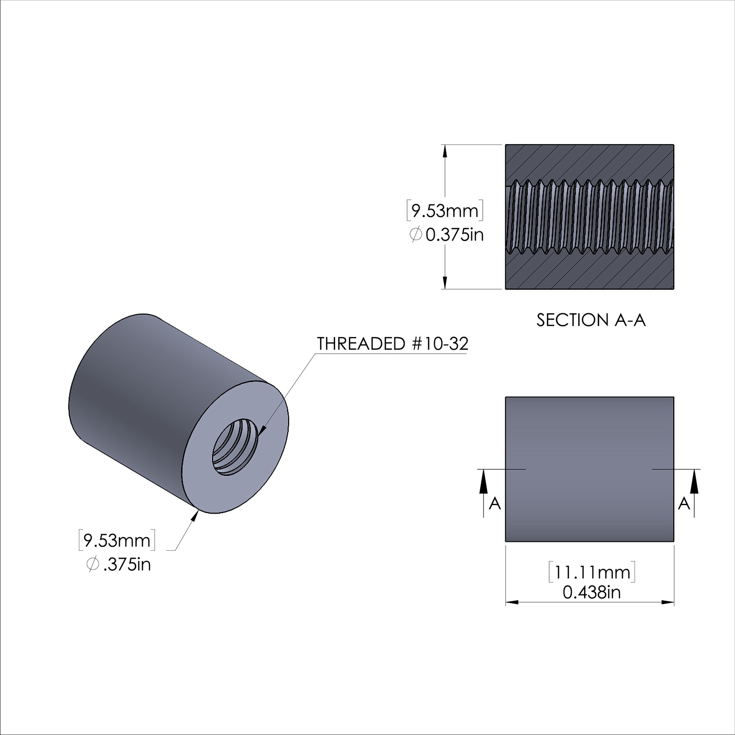 Aluminum Standoff 3/8'' OD x 10-32 Thread x 7/16'' Long