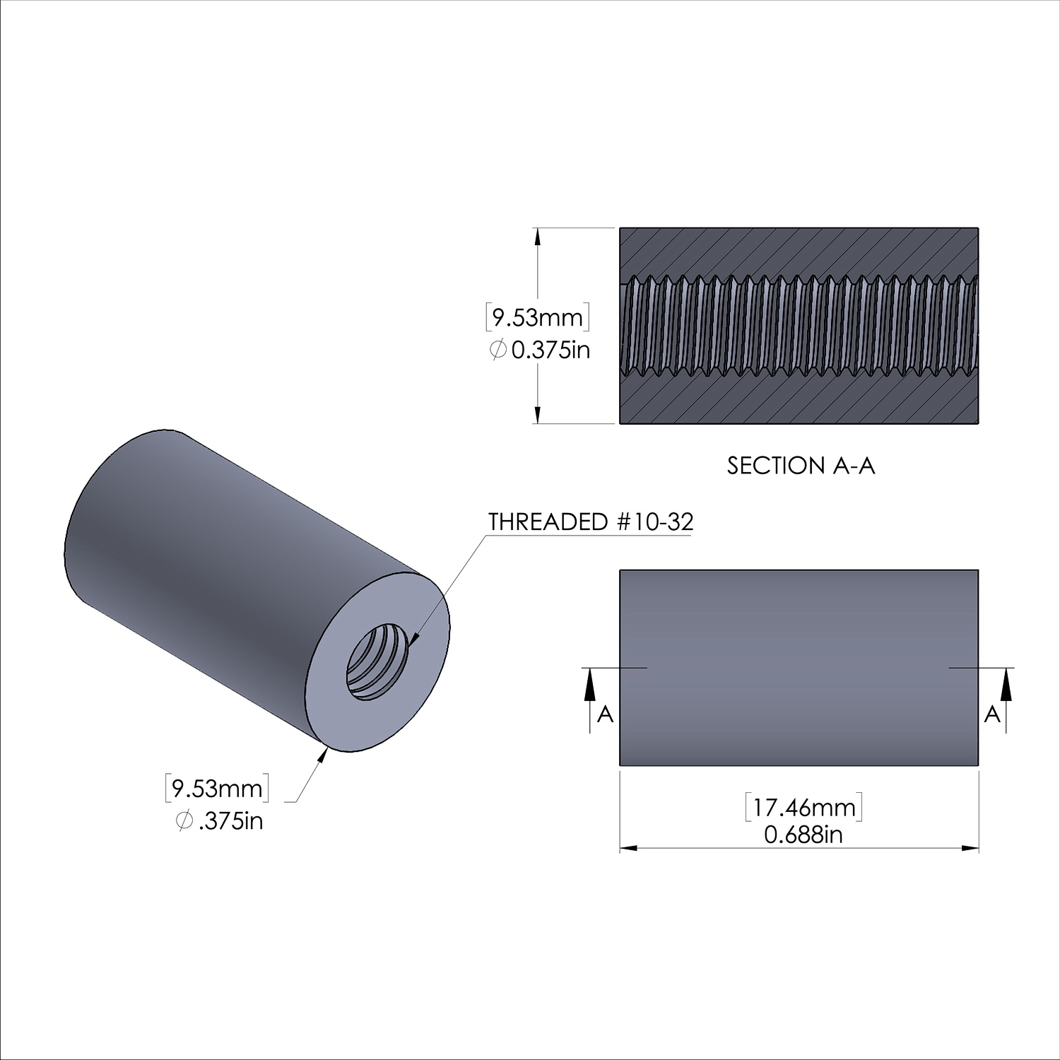 Aluminum Standoff 3/8'' OD x 10-32 Thread x 11/16'' Long