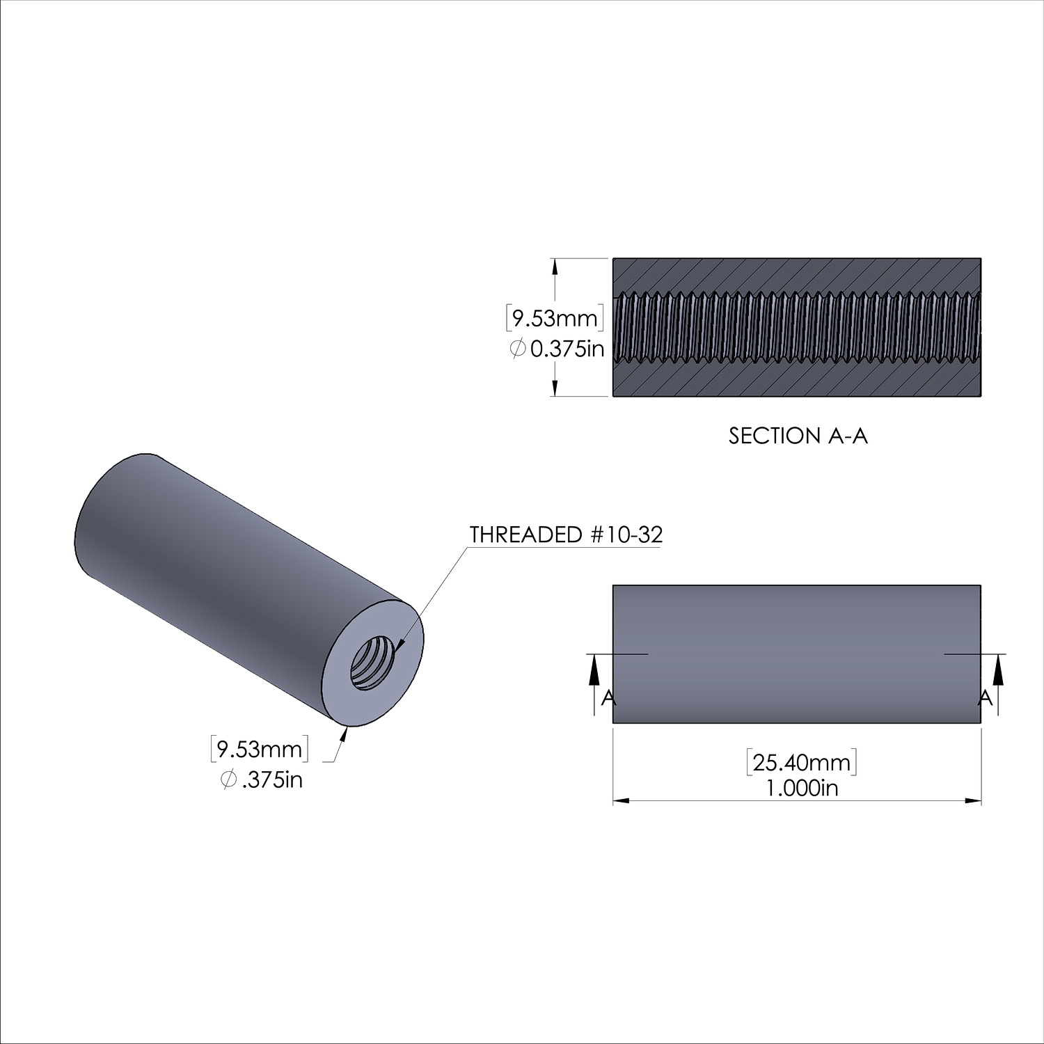 Aluminum Standoff 3/8'' OD x 10-32 Thread x 1'' Long, Plain Aluminum Finish