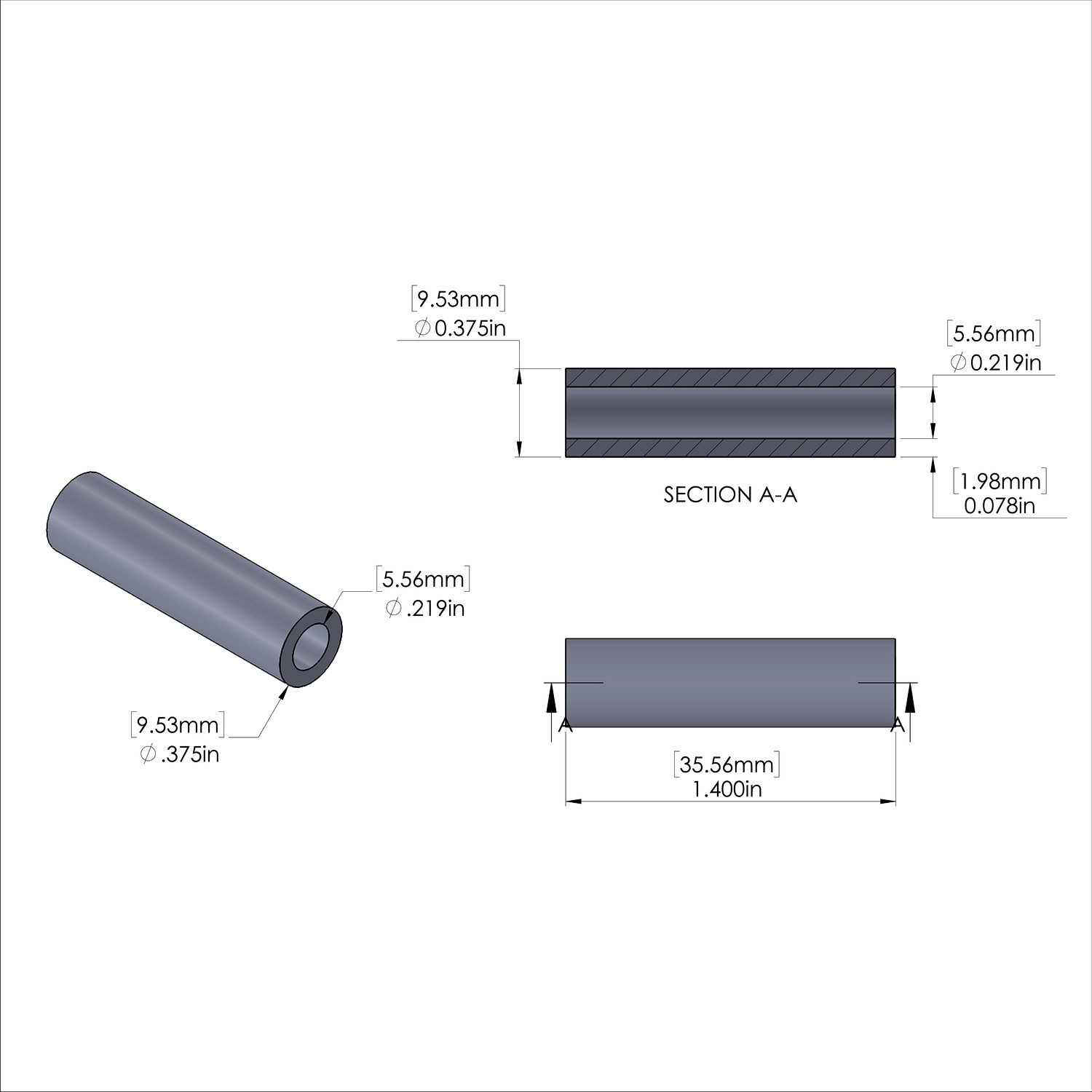 Aluminum Spacer 3/8'' OD x .219'' ID x 1.400'' Long, Plain Aluminum Finish