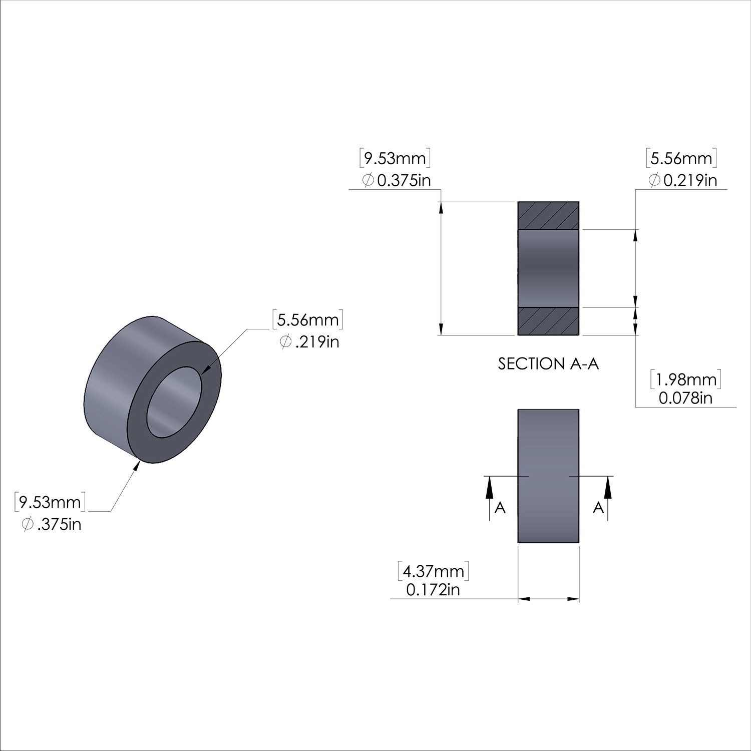 Aluminum Spacer 3/8'' OD x .219'' ID x 11/64'' Long, Plain Aluminum Finish