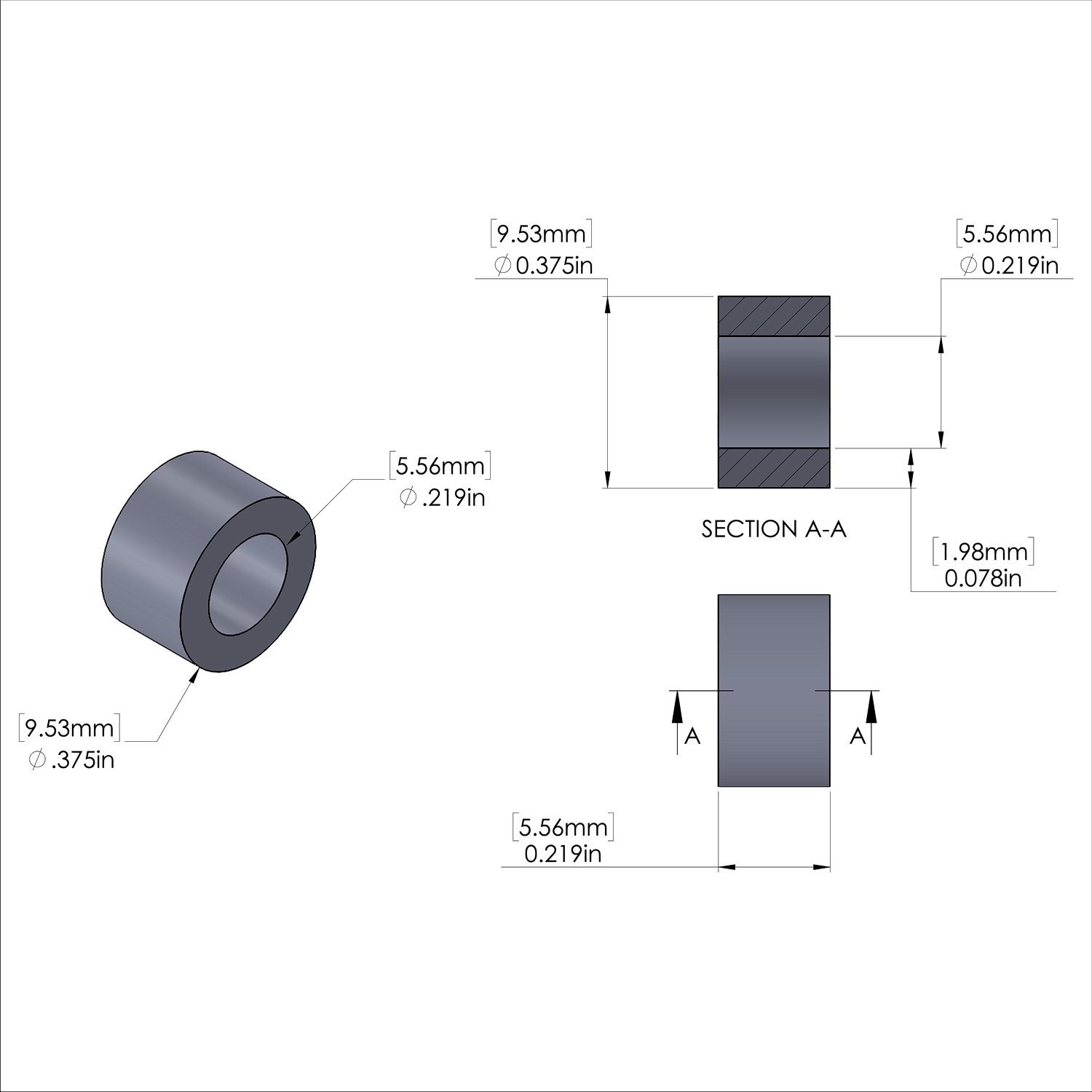 Aluminum Spacer 3/8'' OD x .219'' ID x 7/32'' Long, Plain Aluminum Finish