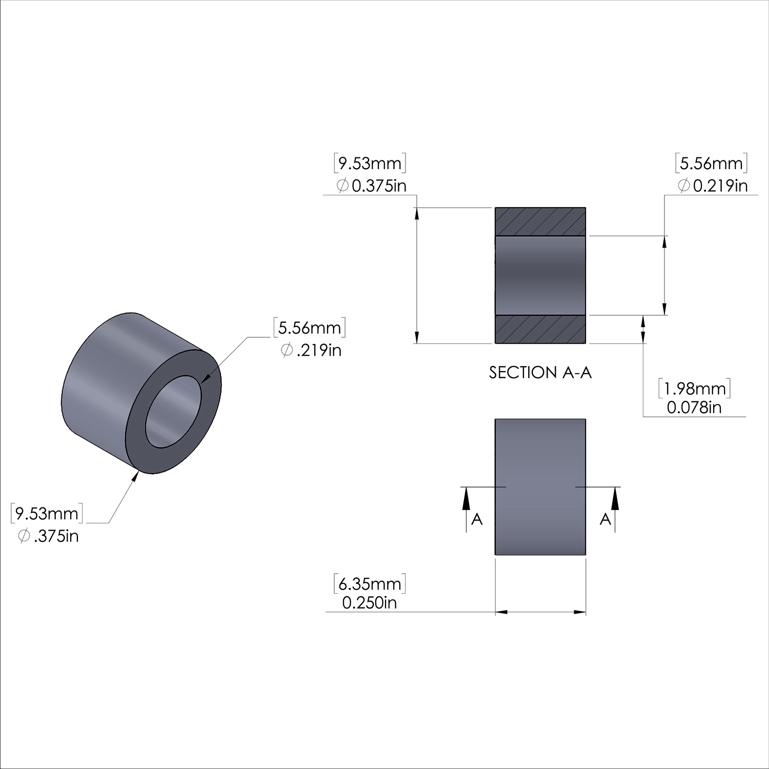 Aluminum Spacer 3/8'' OD x .219'' ID x 1/4'' Long, Black Anodized Finish