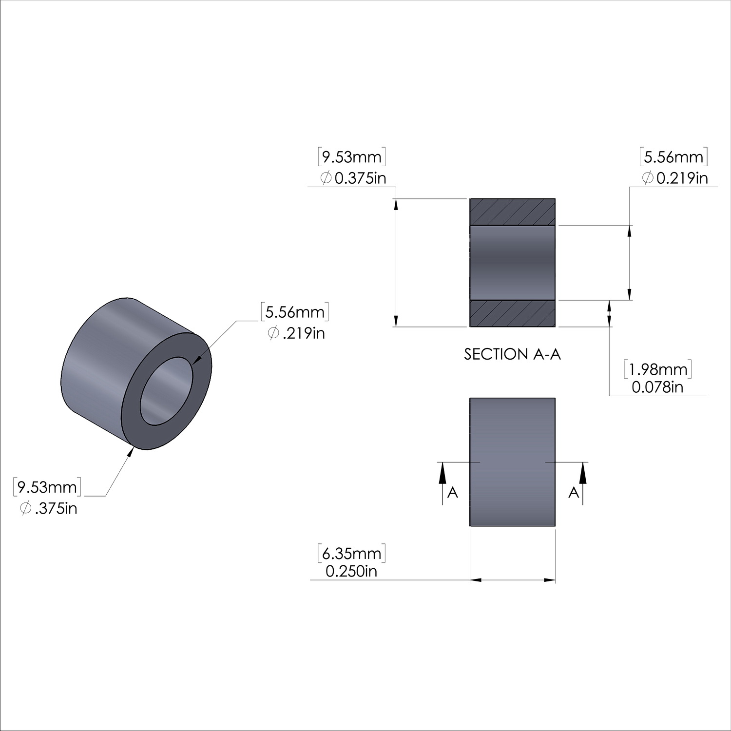 Aluminum Spacer 3/8'' OD x .219'' ID x 1/4'' Long, Plain Aluminum Finish