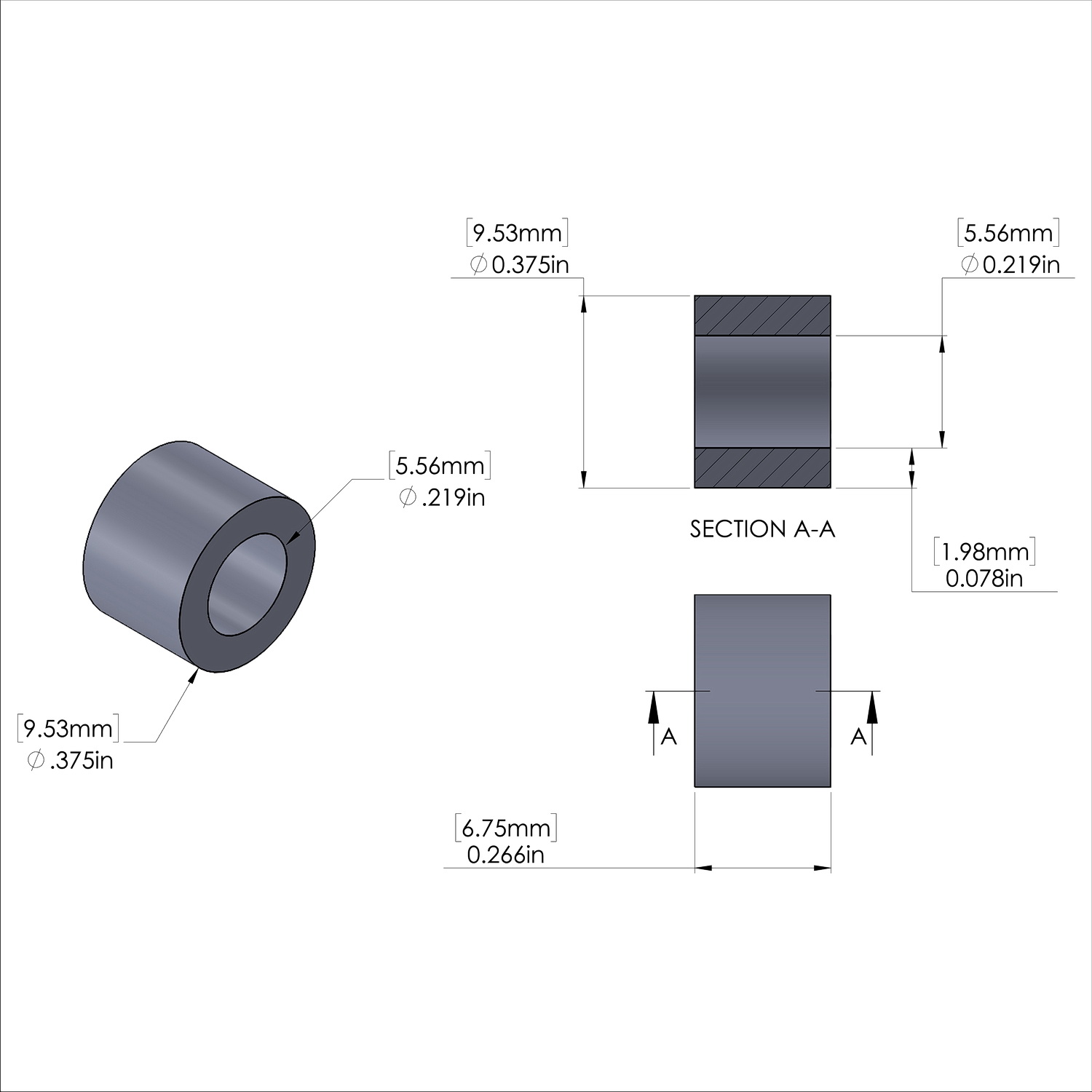 Aluminum Spacer 3/8'' OD x .219'' ID x 17/64'' Long, Plain Aluminum Finish