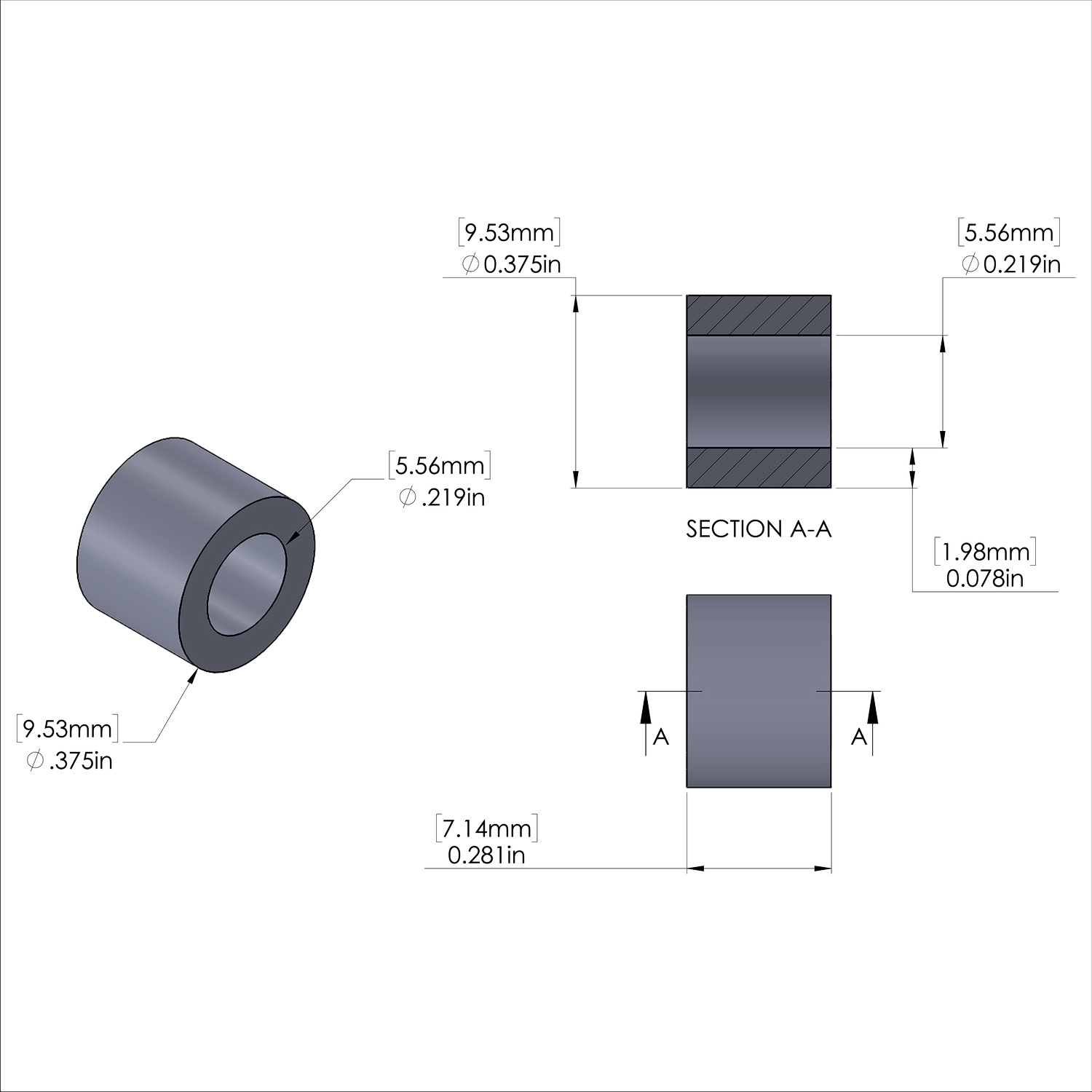 Aluminum Spacer 3/8'' OD x .219'' ID x 9/32'' Long, Plain Aluminum Finish