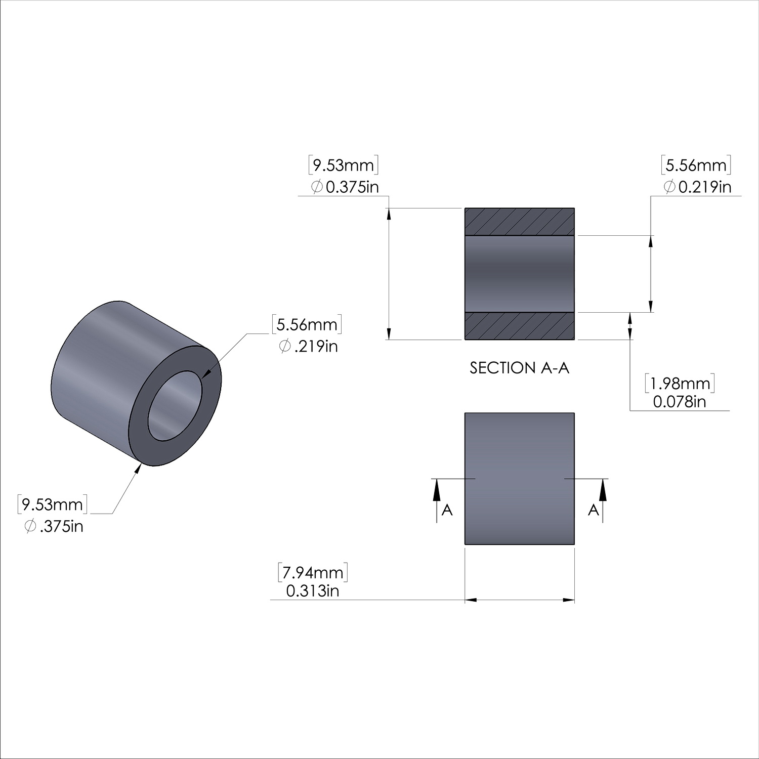 Aluminum Spacer 3/8'' OD x .219'' ID x 5/16'' Long, Black Anodized Finish