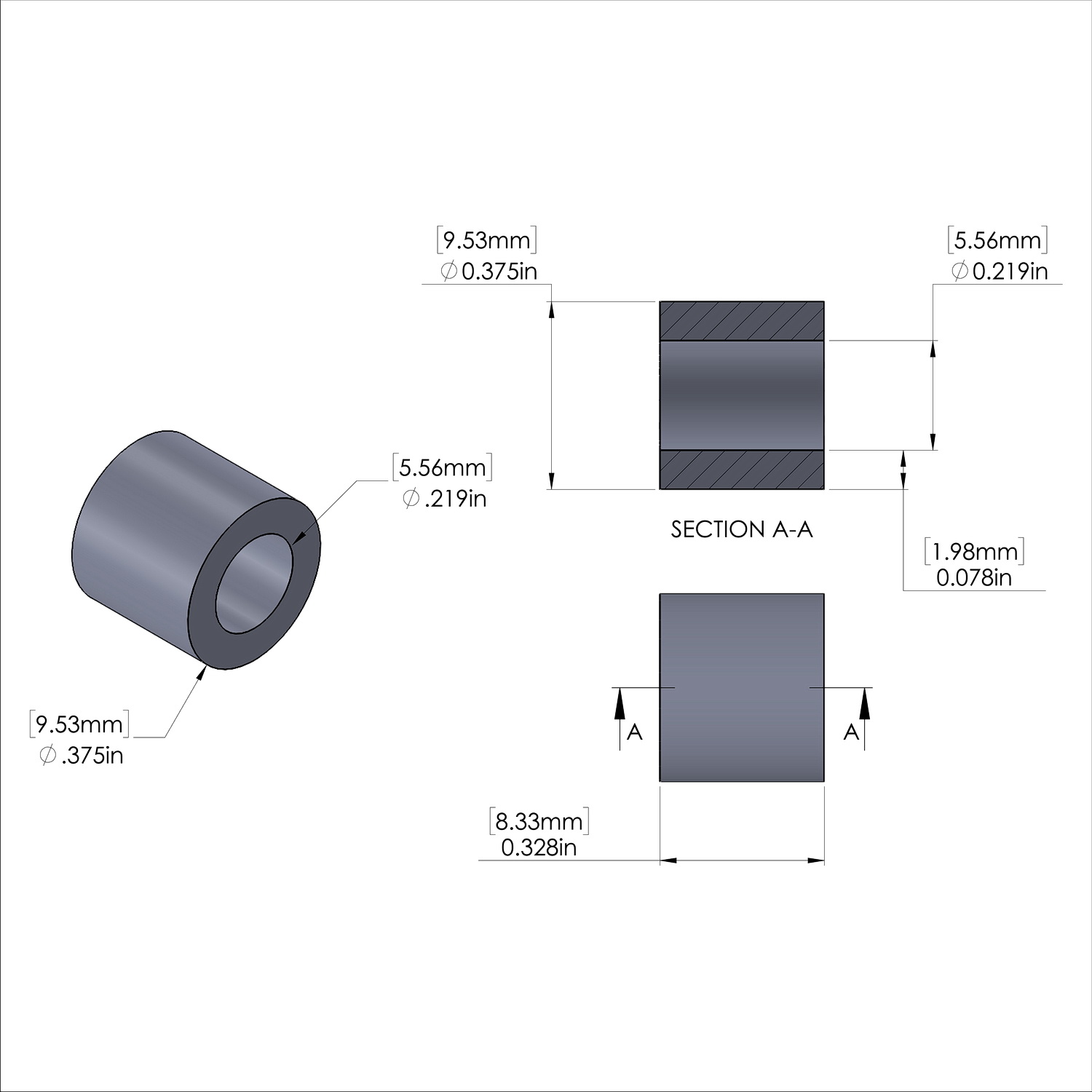 Aluminum Spacer 3/8'' OD x .219'' ID x 21/64'' Long
