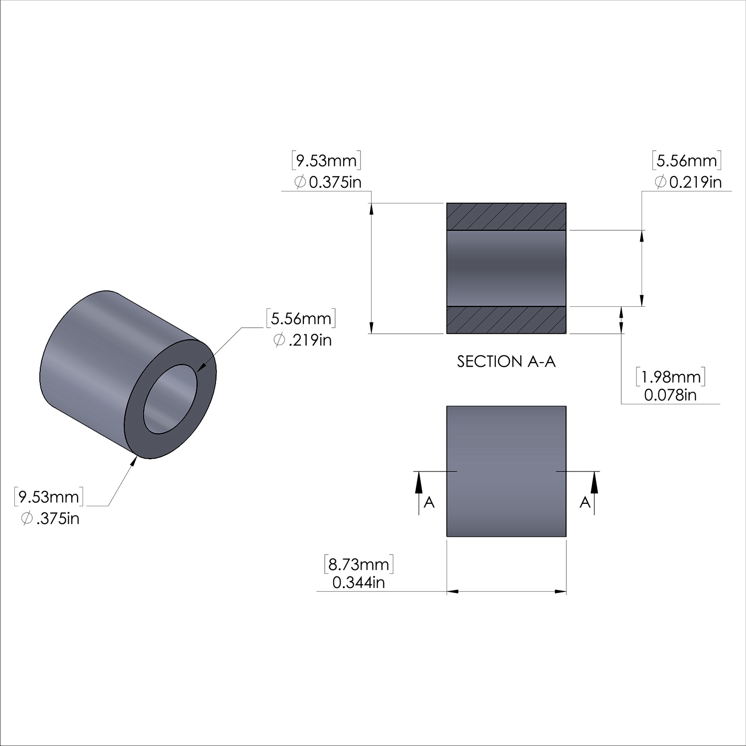 Aluminum Spacer 3/8'' OD x .219'' ID x 11/32'' Long, Plain Aluminum Finish