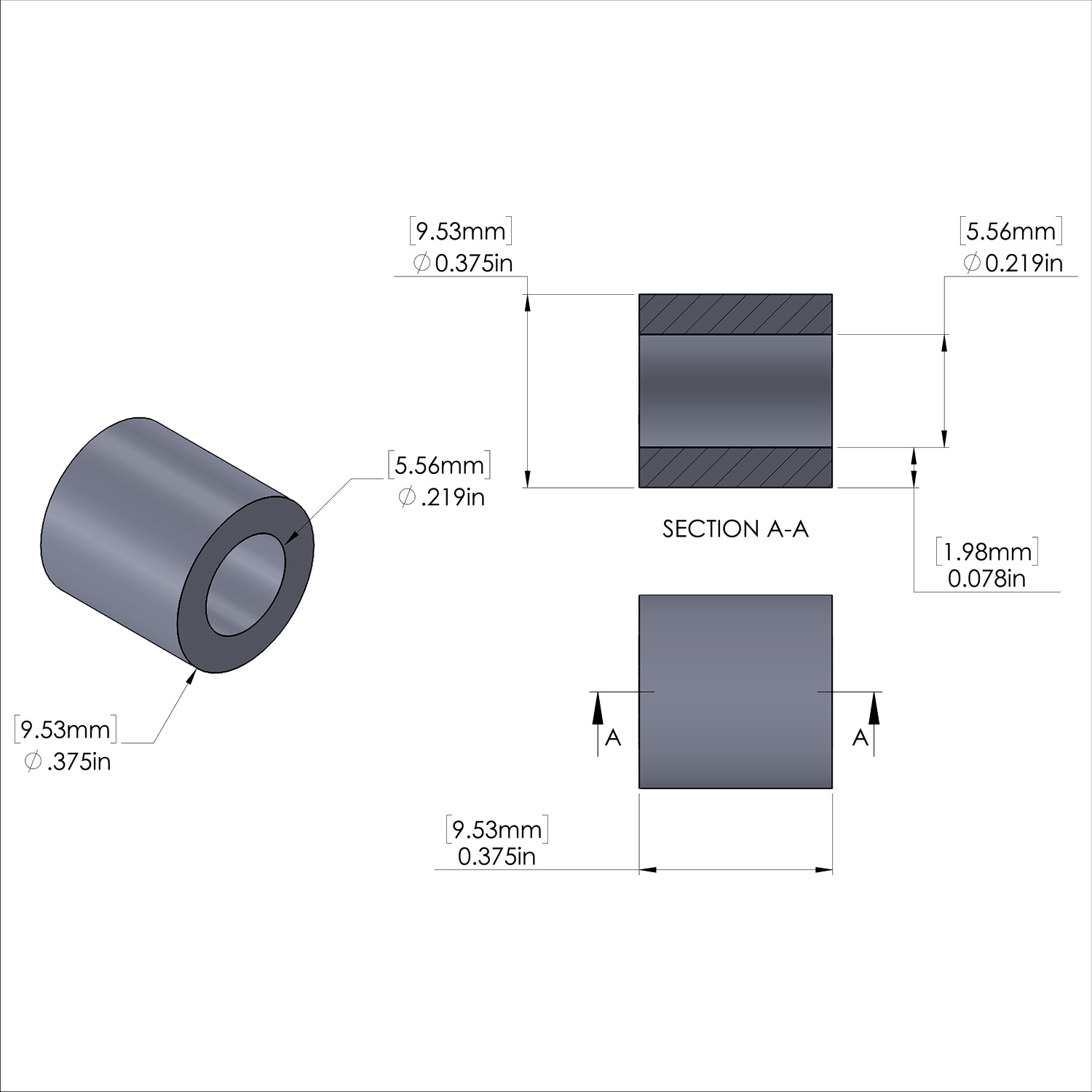 Aluminum Spacer 3/8'' OD x .219'' ID x 3/8'' Long, Black Anodized Finish