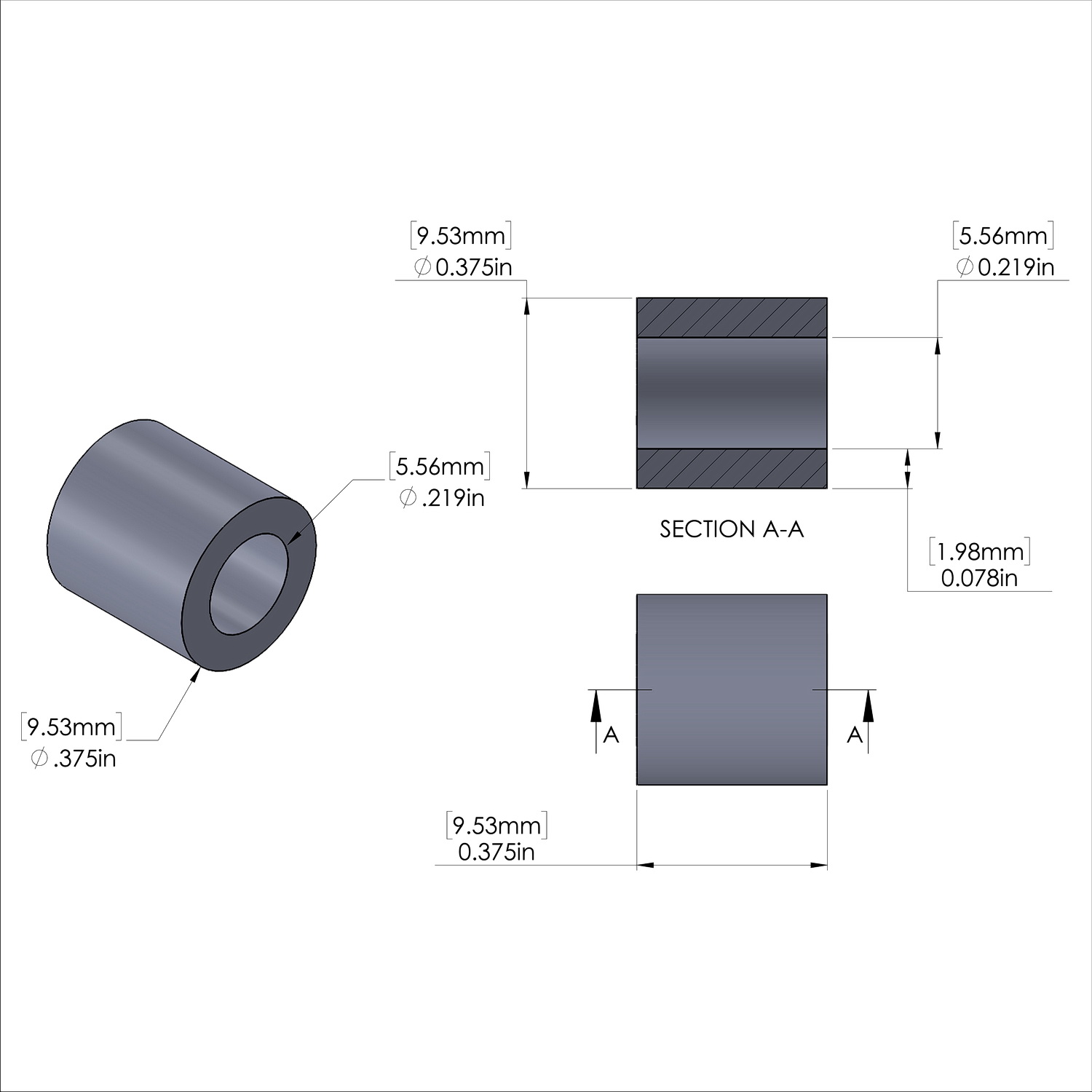 Aluminum Spacer 3/8'' OD x .219'' ID x 3/8'' Long, Plain Aluminum Finish