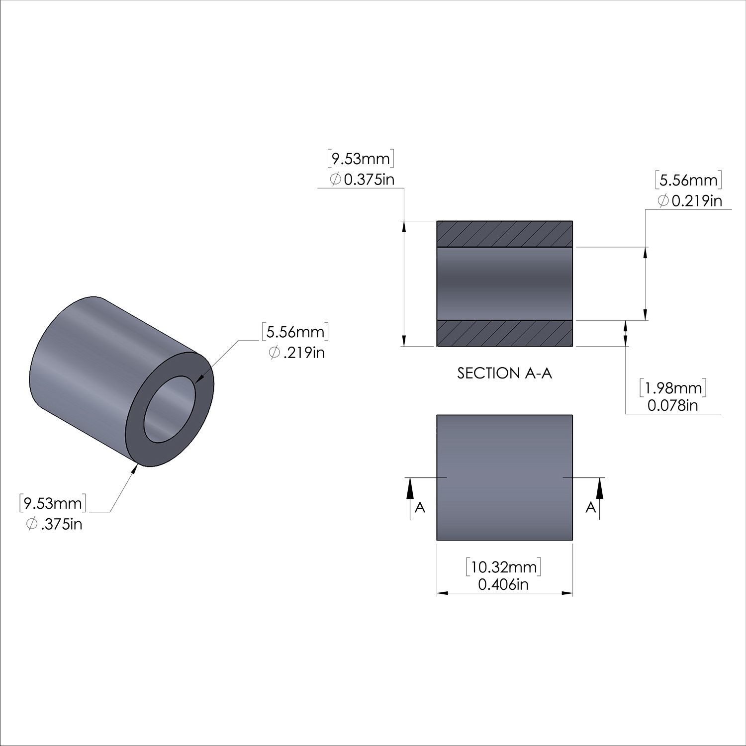 Aluminum Spacer 3/8'' OD x .219'' ID x 13/32'' Long, Plain Aluminum Finish