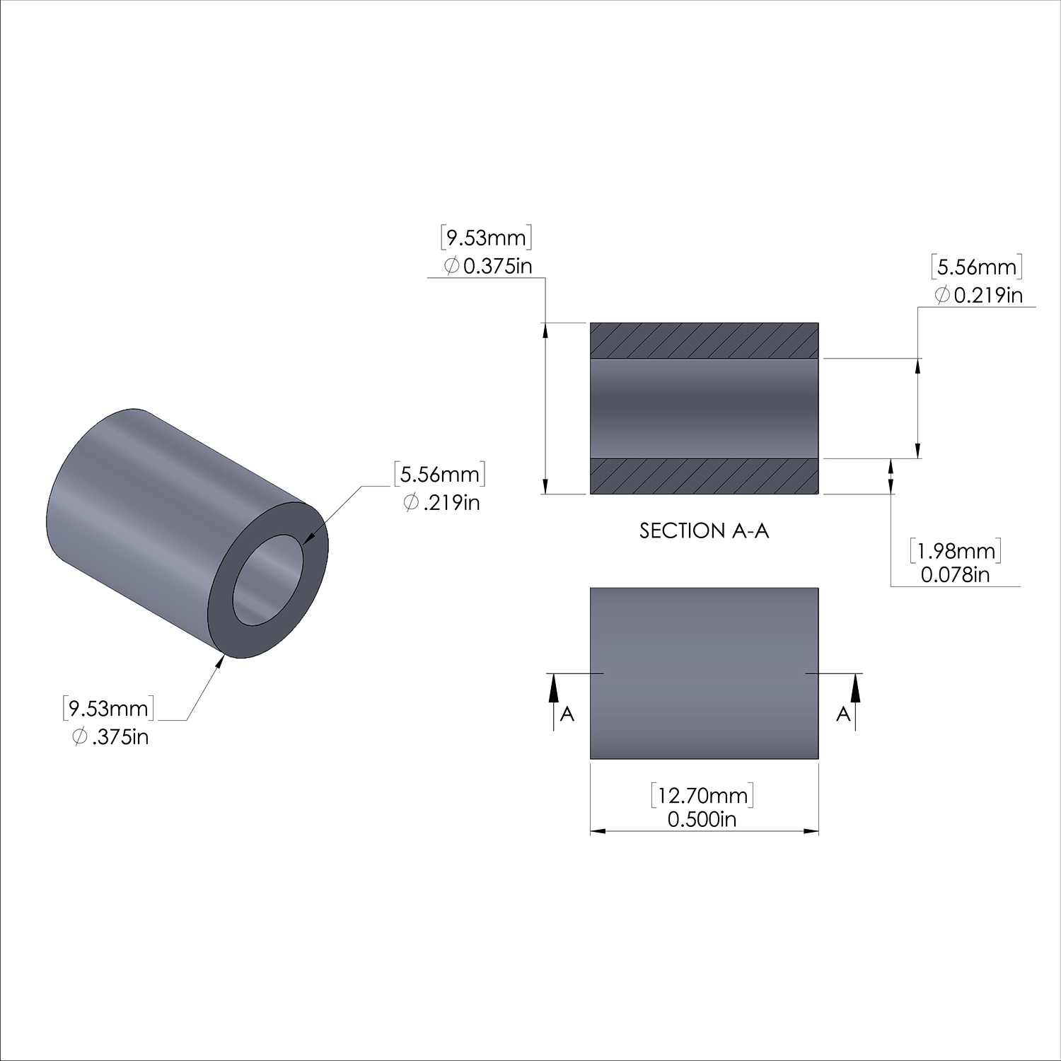 Aluminum Spacer 3/8'' OD x .219'' ID x 1/2'' Long, Black Anodized Finish