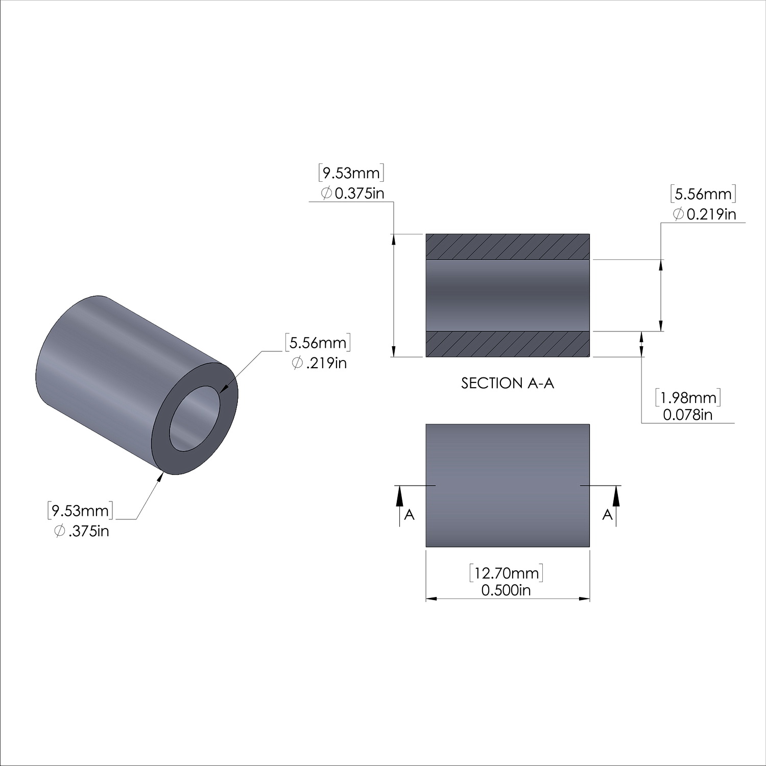 Aluminum Spacer 3/8'' OD x .219'' ID x 1/2'' Long, Plain Aluminum Finish