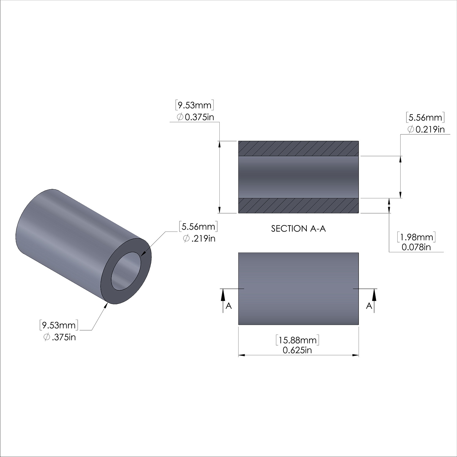 Aluminum Spacer 3/8'' OD x .219'' ID x 5/8'' Long, Black Anodized Finish
