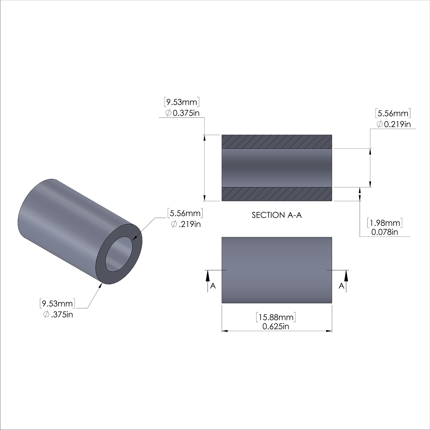 Aluminum Spacer 3/8'' OD x .219'' ID x 5/8'' Long, Plain Aluminum Finish