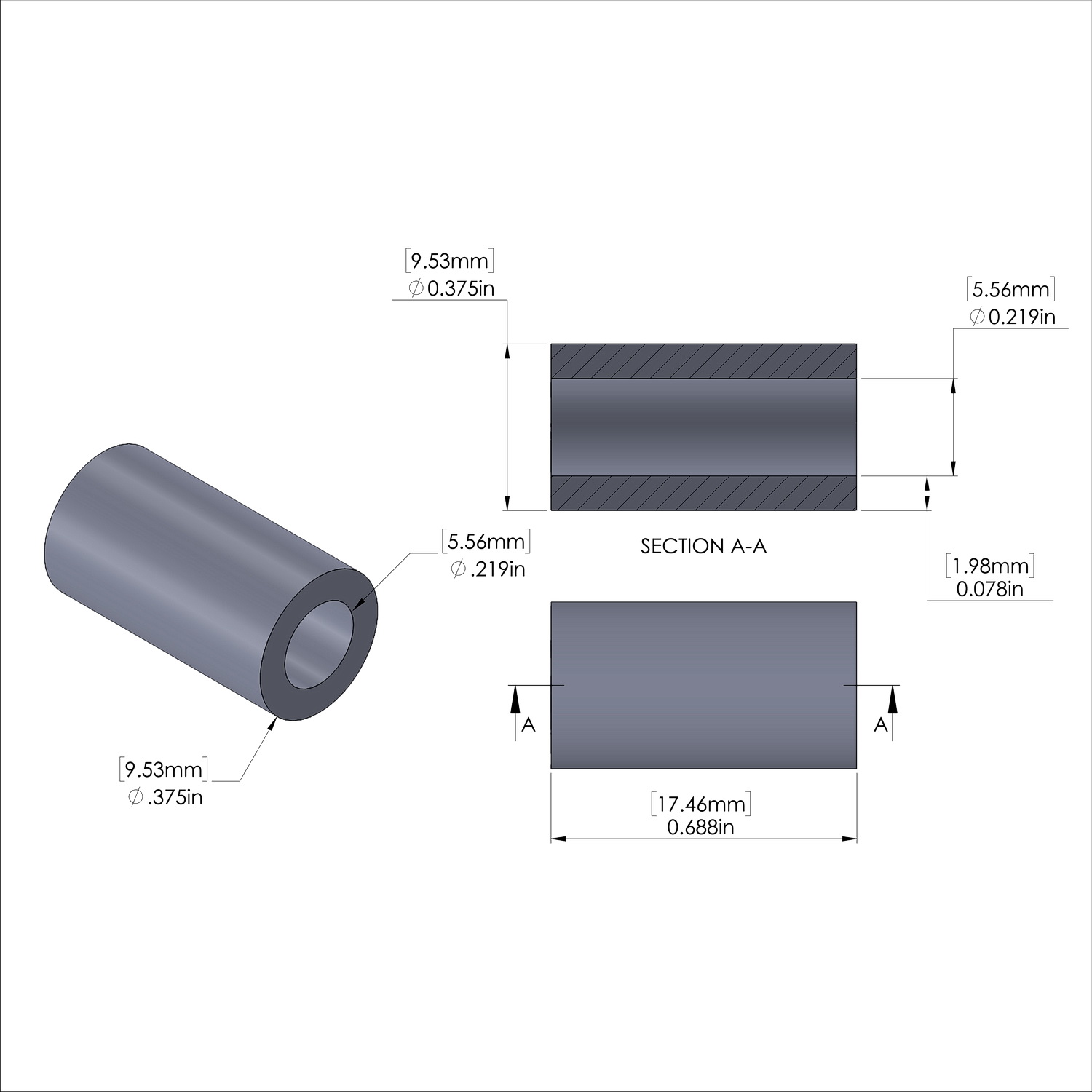 Aluminum Spacer 3/8'' OD x .219'' ID x 11/16'' Long, Plain Aluminum Finish