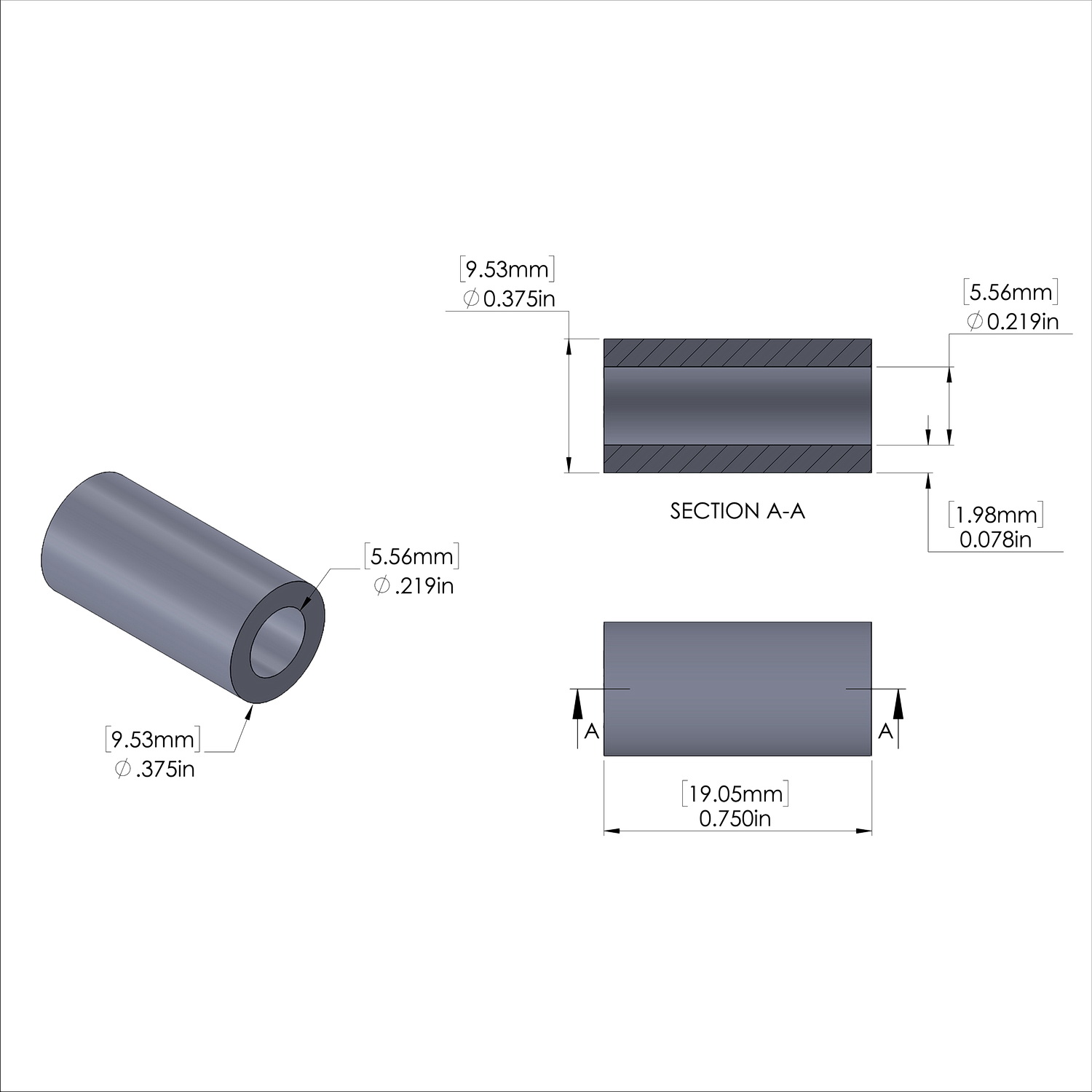 Aluminum Spacer 3/8'' OD x .219'' ID x 3/4'' Long, Black Anodized Finish