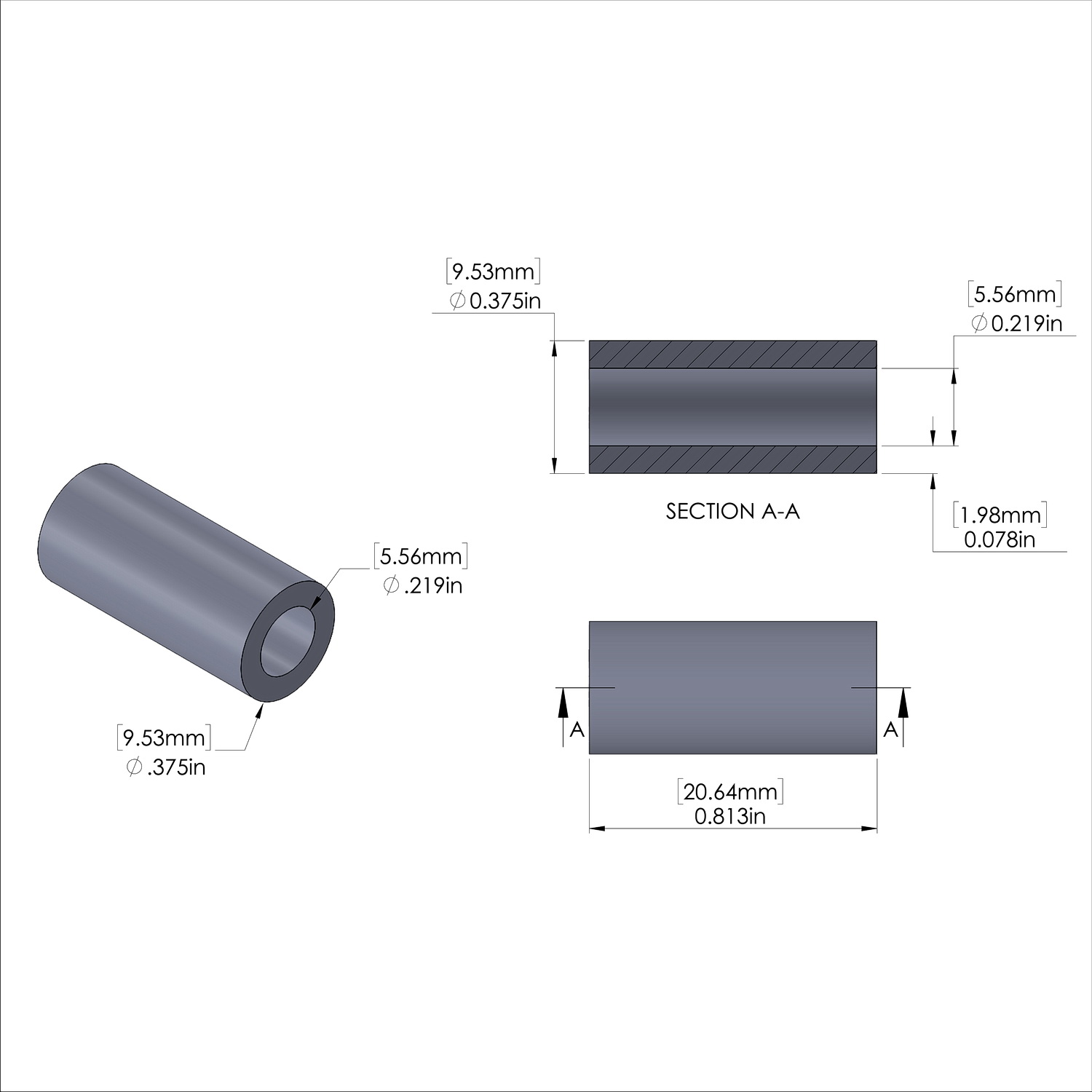 Aluminum Spacer 3/8'' OD x .219'' ID x 13/16'' Long, Plain Aluminum Finish