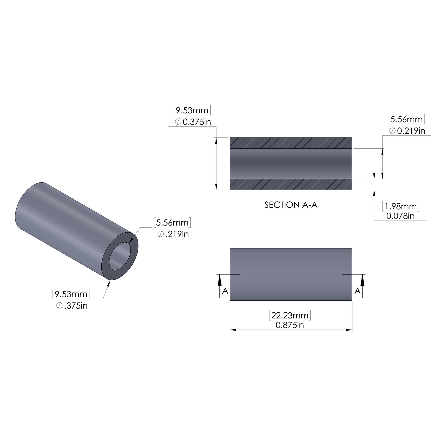 Aluminum Spacer 3/8'' OD x .219'' ID x 7/8'' Long - Black Anodized