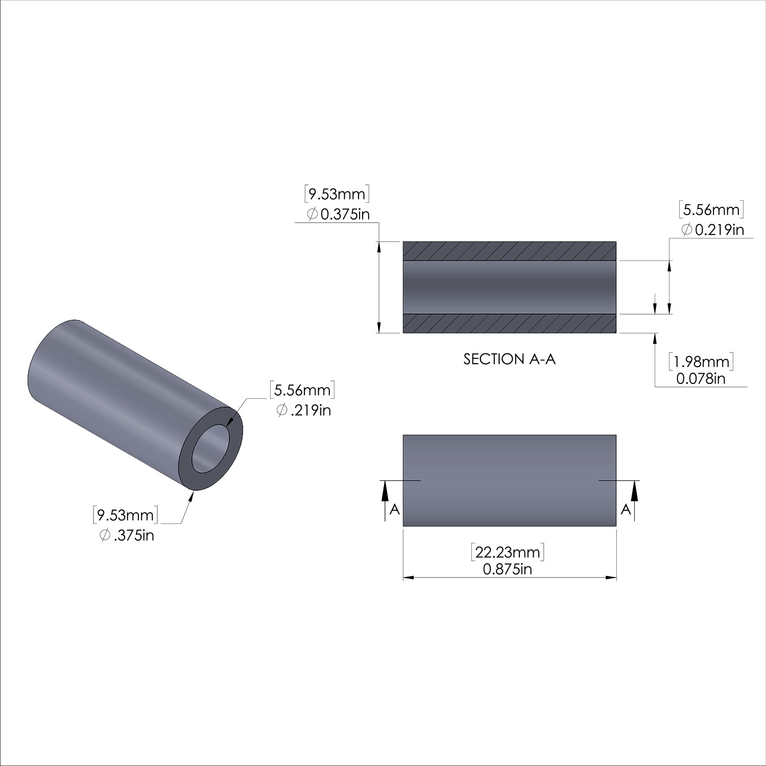 Aluminum Spacer 3/8'' OD x .219'' ID x 7/8'' Long, Plain Aluminum Finish